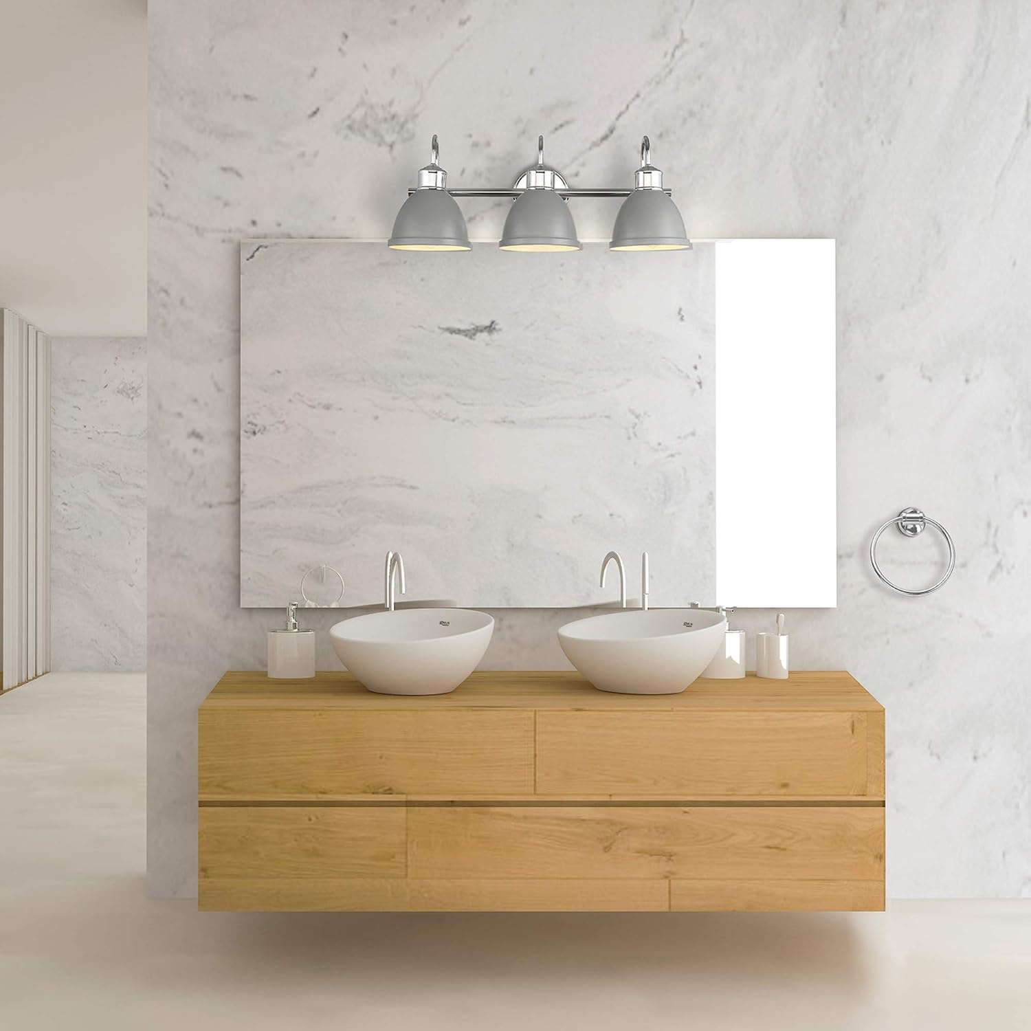 image:imageGLOBE Electric Sydney 5Piece Bathroom Set Matte Gray and Chrome 3Light Vanity Light Towel Bar Towel Ring Robe Hook Toilet Paper Holder