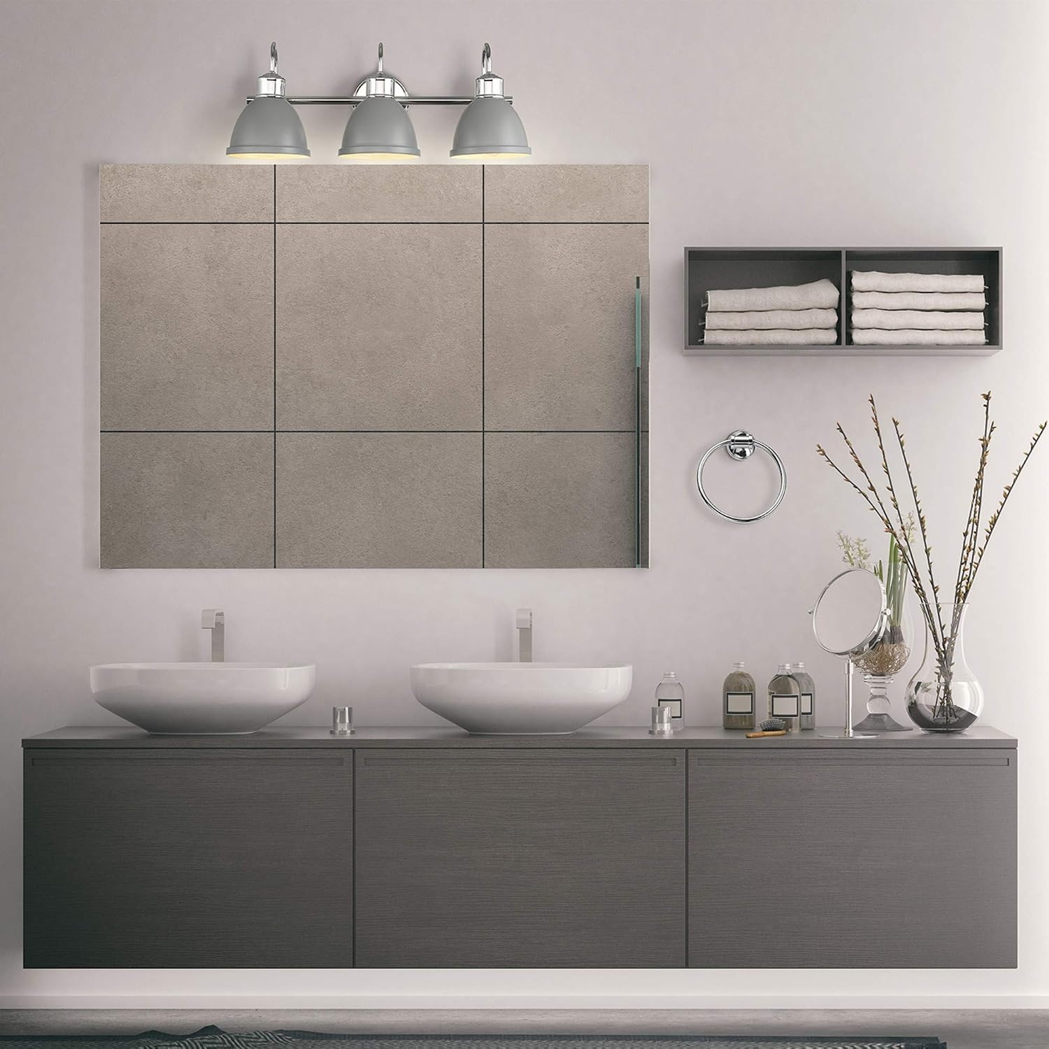 image:imageGLOBE Electric Sydney 5Piece Bathroom Set Matte Gray and Chrome 3Light Vanity Light Towel Bar Towel Ring Robe Hook Toilet Paper Holder