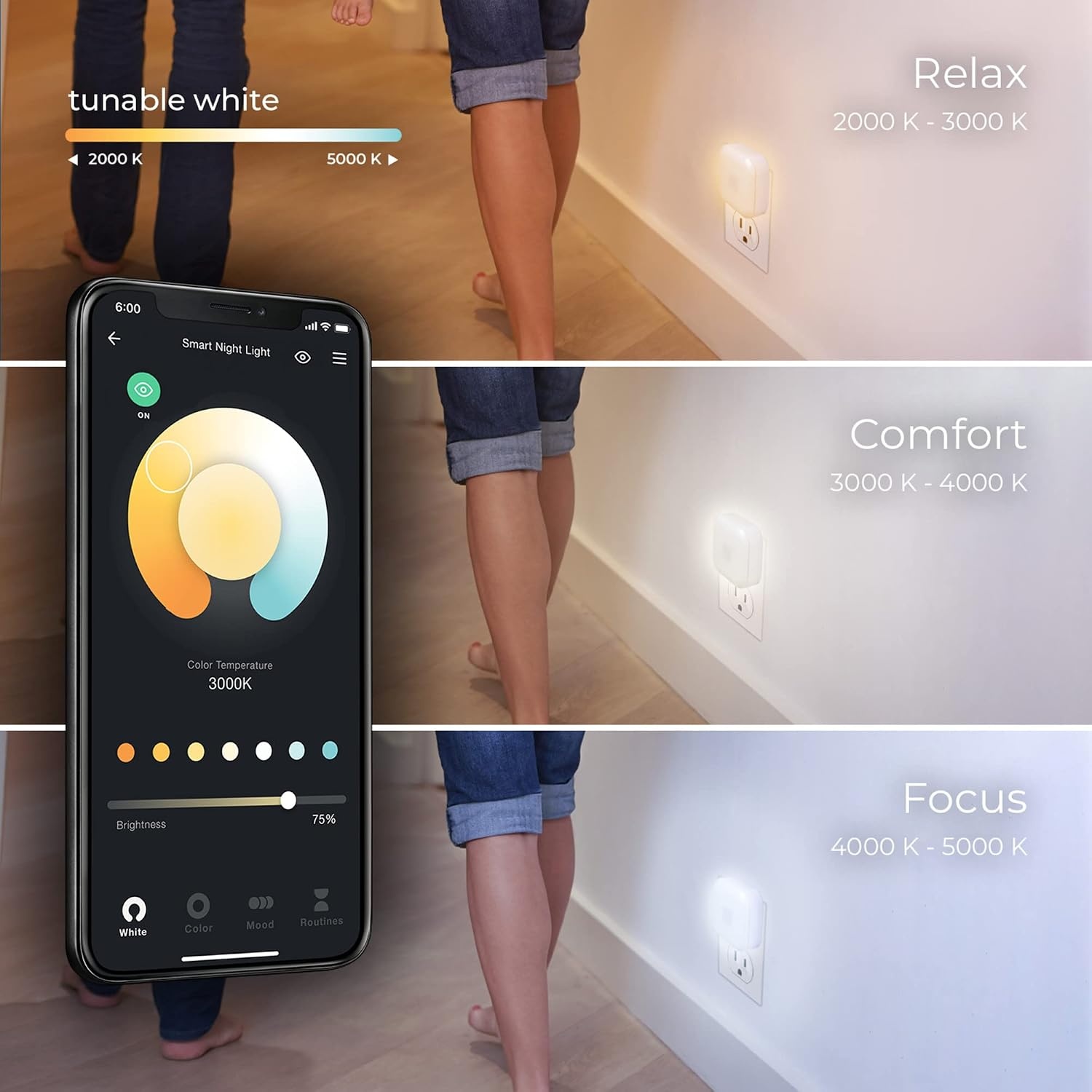 image:imageGLOBE Electric WiFi Smart Ambient Night Light with Motion Detection No Hub Required Voice Activated Multicolor Changing RGB Tunable White 2000K 5000KWhite