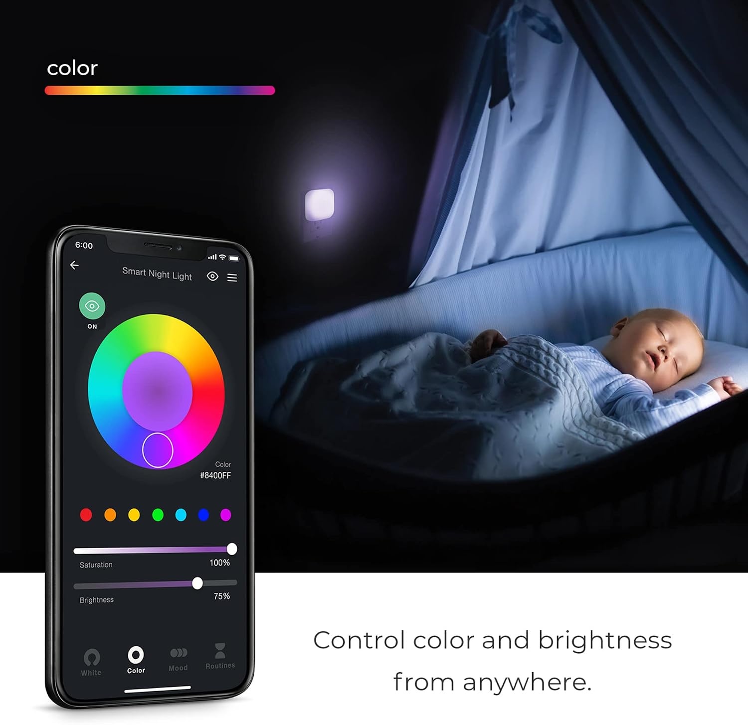 image:imageGLOBE Electric WiFi Smart Ambient Night Light with Motion Detection No Hub Required Voice Activated Multicolor Changing RGB Tunable White 2000K 5000KWhite