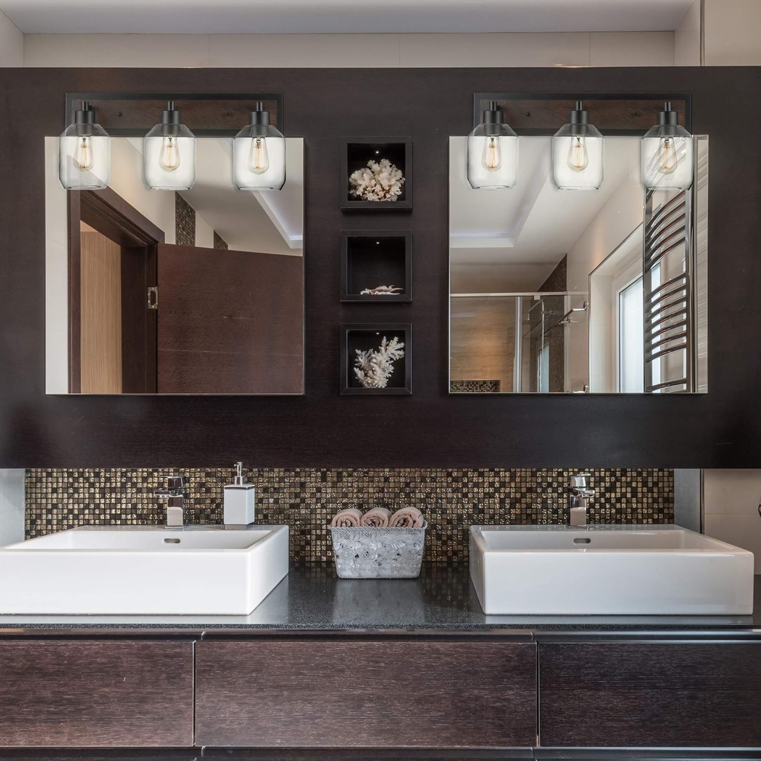image:imageGLOBE Electric Williamsburg 3Light Vanity Light Matte Black Faux Wood Accent Clear Glass Shades