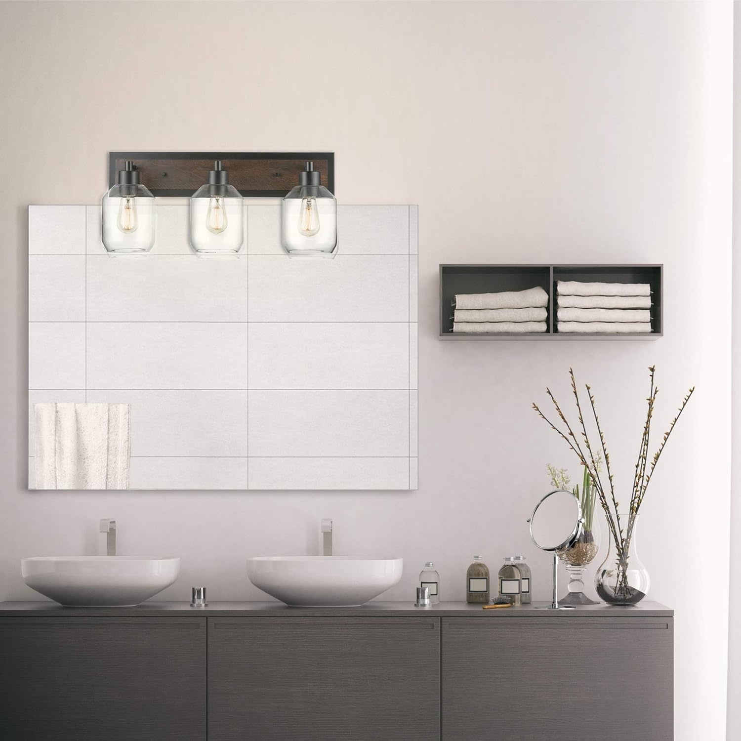 image:imageGLOBE Electric Williamsburg 3Light Vanity Light Matte Black Faux Wood Accent Clear Glass Shades