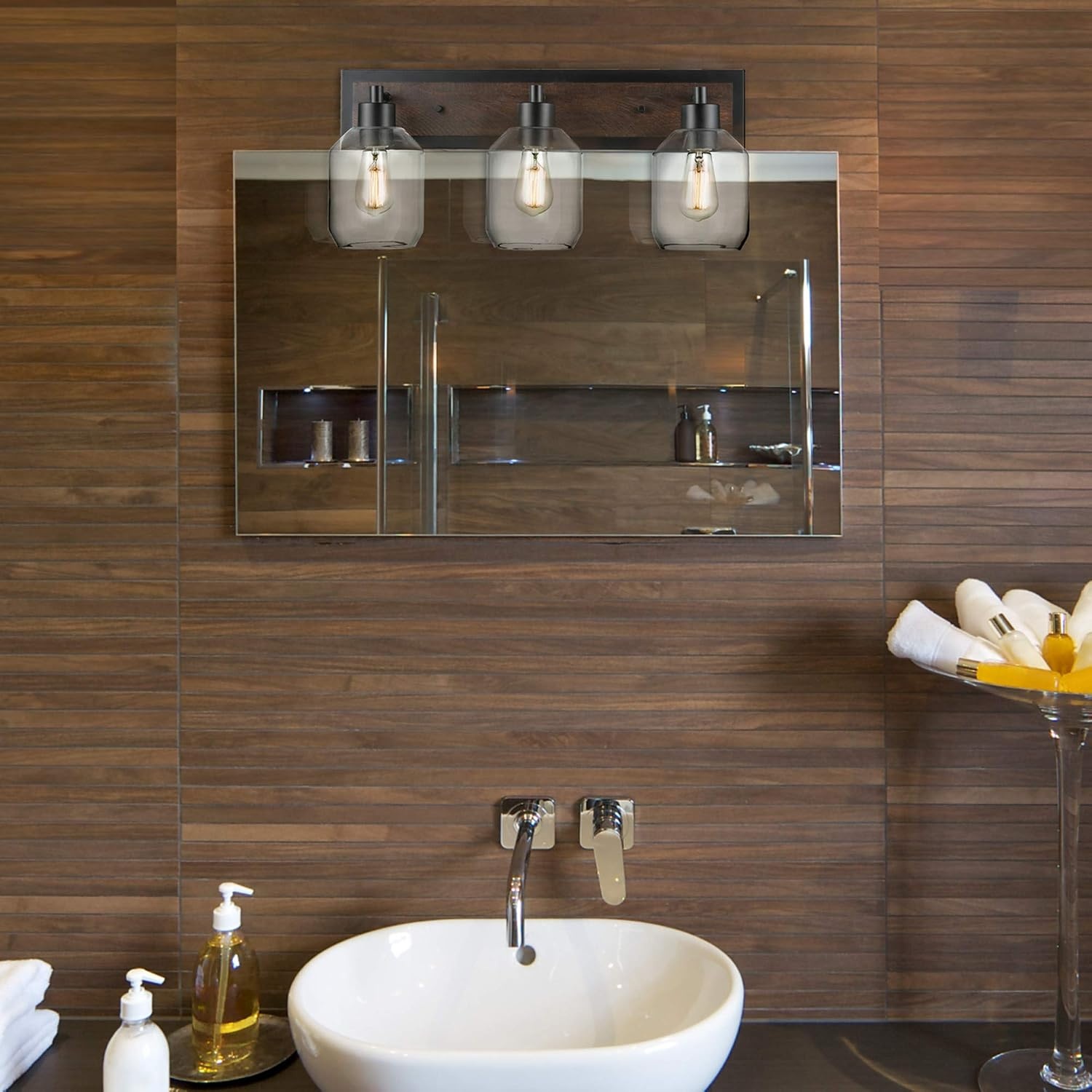 image:imageGLOBE Electric Williamsburg 3Light Vanity Light Matte Black Faux Wood Accent Clear Glass Shades