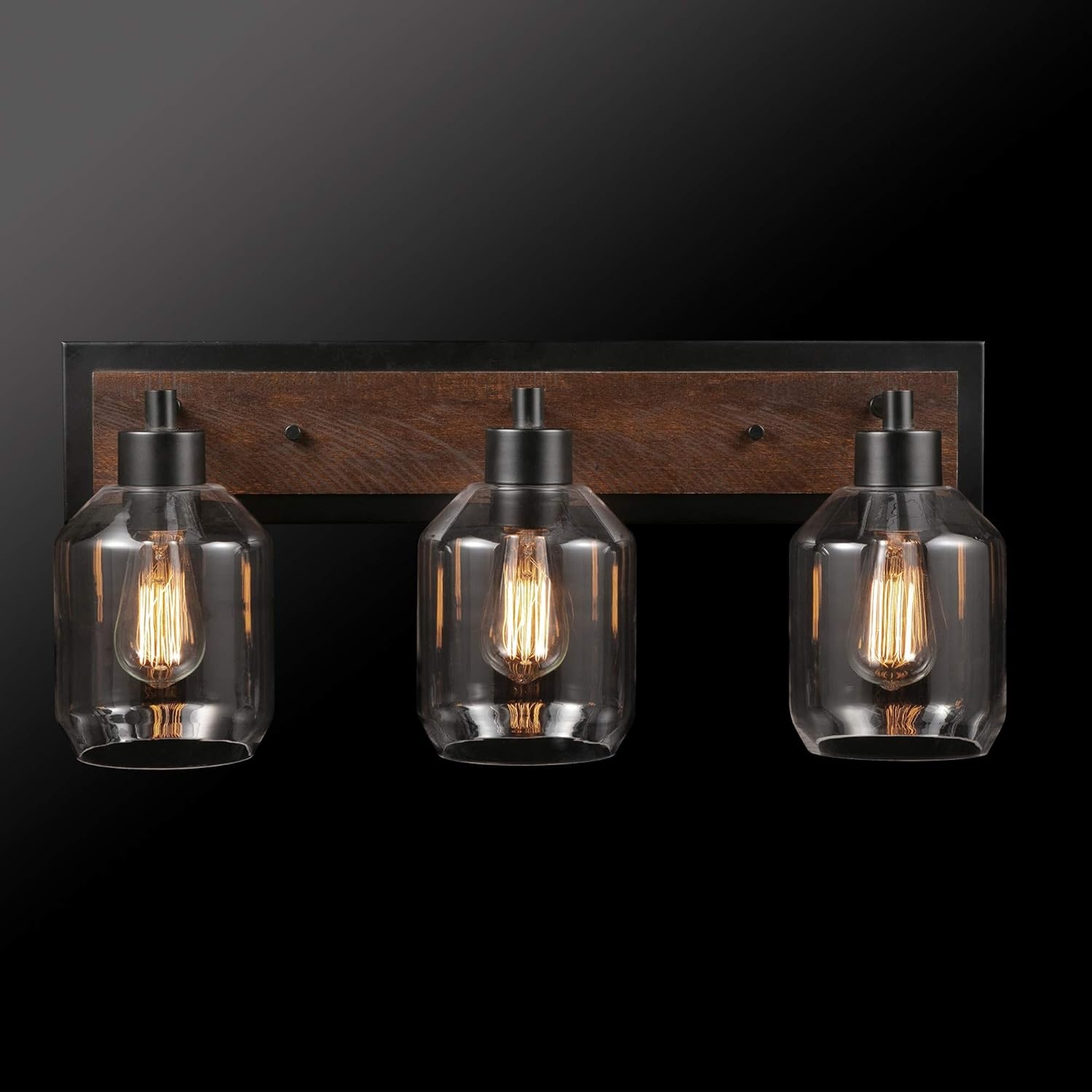 image:imageGLOBE Electric Williamsburg 3Light Vanity Light Matte Black Faux Wood Accent Clear Glass Shades