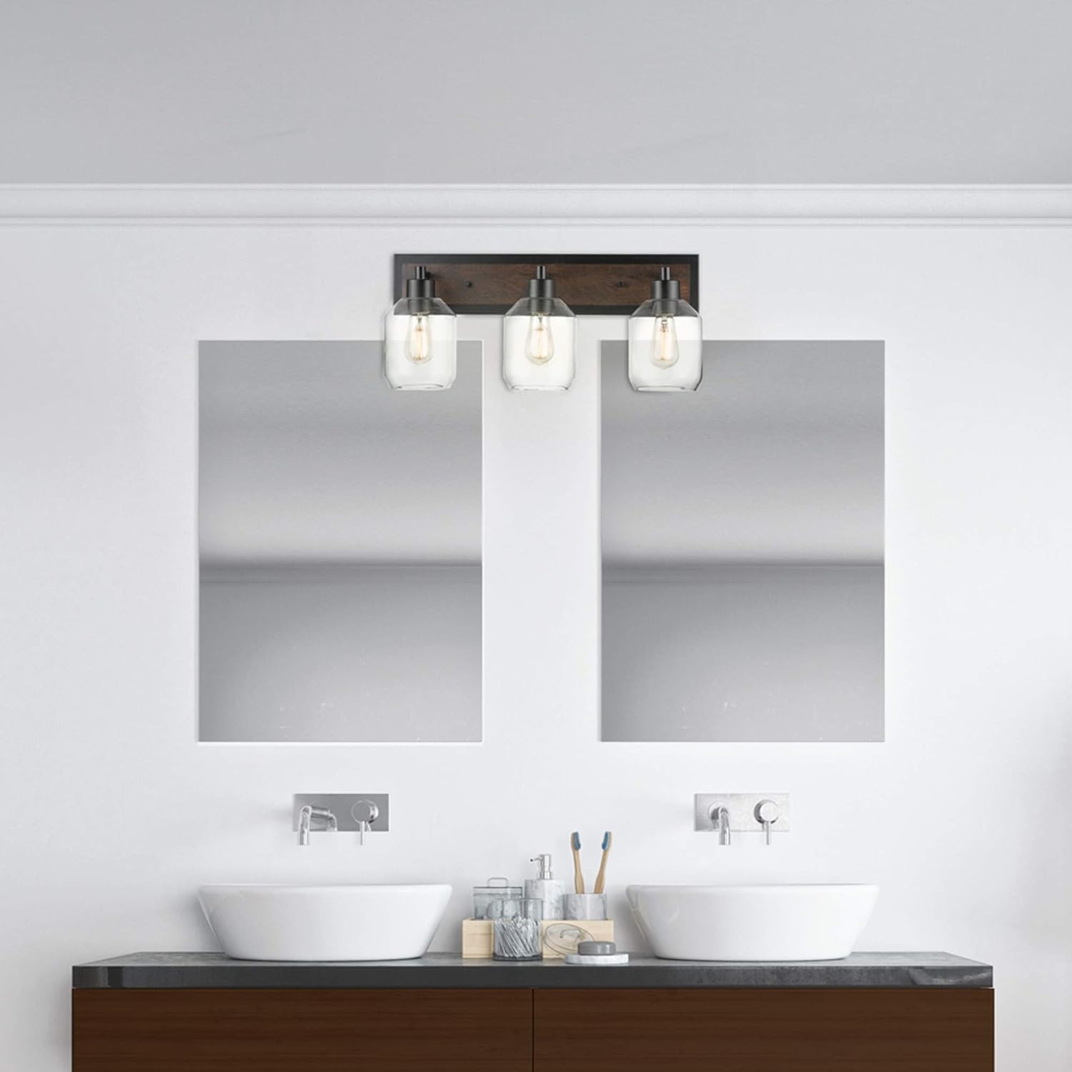 image:imageGLOBE Electric Williamsburg 3Light Vanity Light Matte Black Faux Wood Accent Clear Glass Shades
