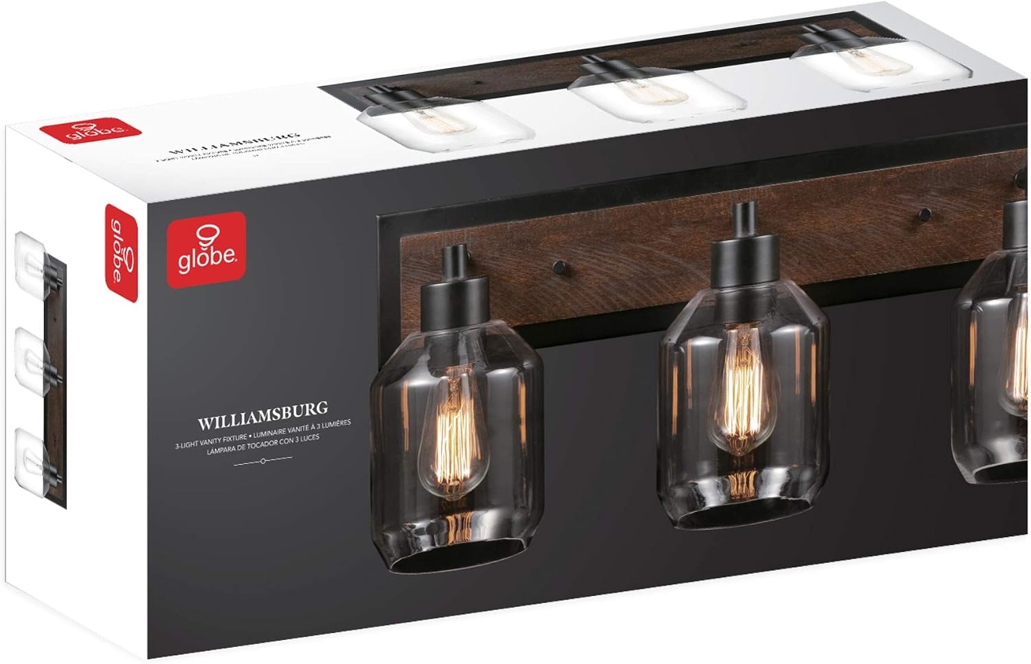 image:imageGLOBE Electric Williamsburg 3Light Vanity Light Matte Black Faux Wood Accent Clear Glass Shades