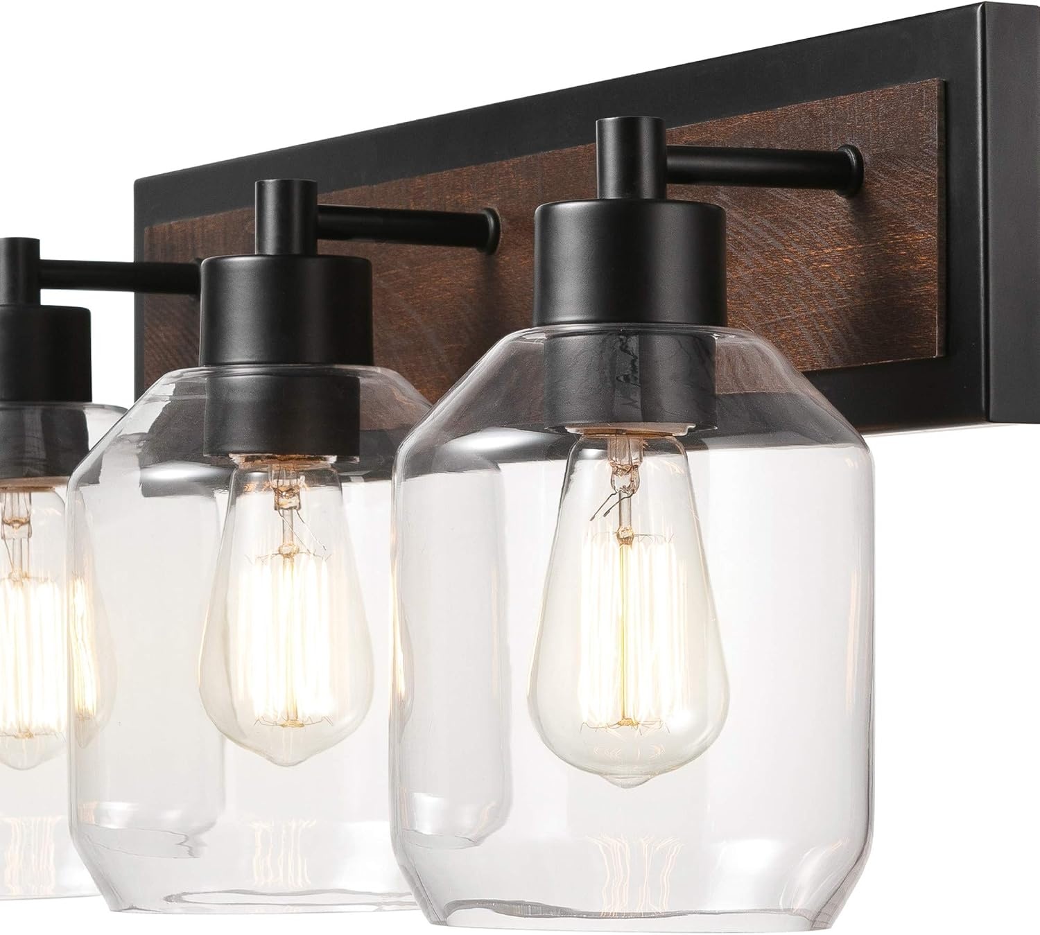 image:imageGLOBE Electric Williamsburg 3Light Vanity Light Matte Black Faux Wood Accent Clear Glass Shades