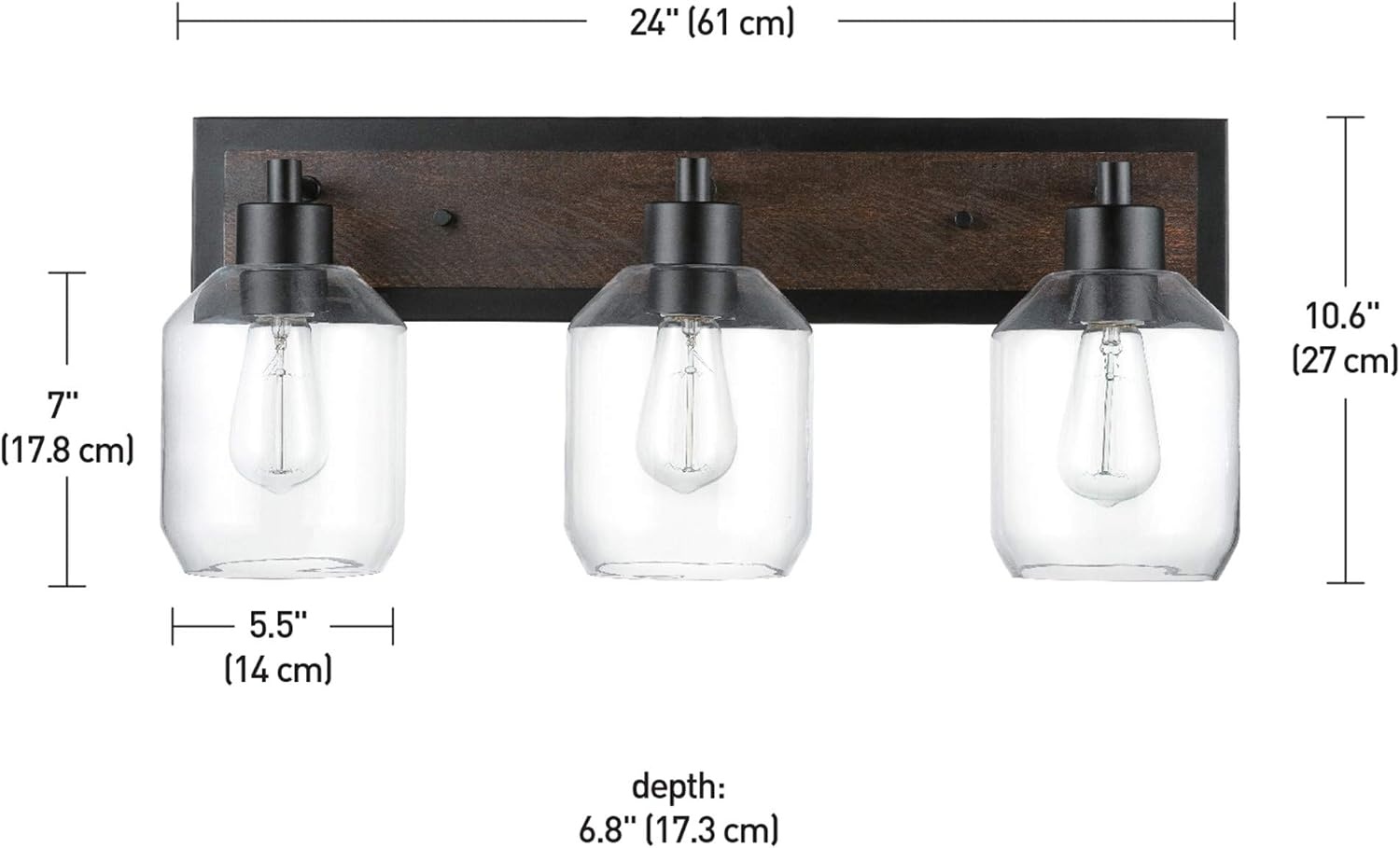 image:imageGLOBE Electric Williamsburg 3Light Vanity Light Matte Black Faux Wood Accent Clear Glass Shades