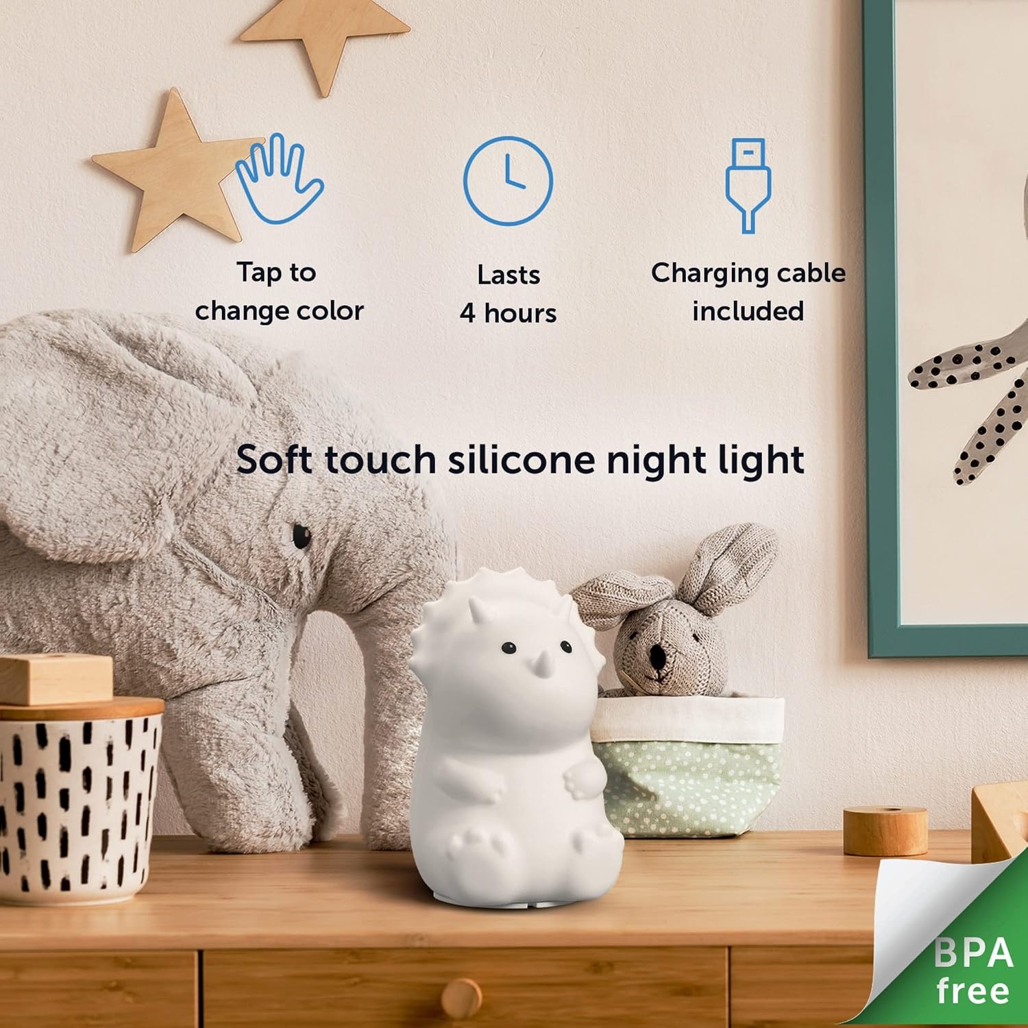 image:imageGlobe Electric 13849 Multicolor Changing LED Integrated Rechargeable Silicone Night Light Lion Tap Button Switch White Modern Lighting for Bedroom Nursery Playroom NightstandTerry Triceratops