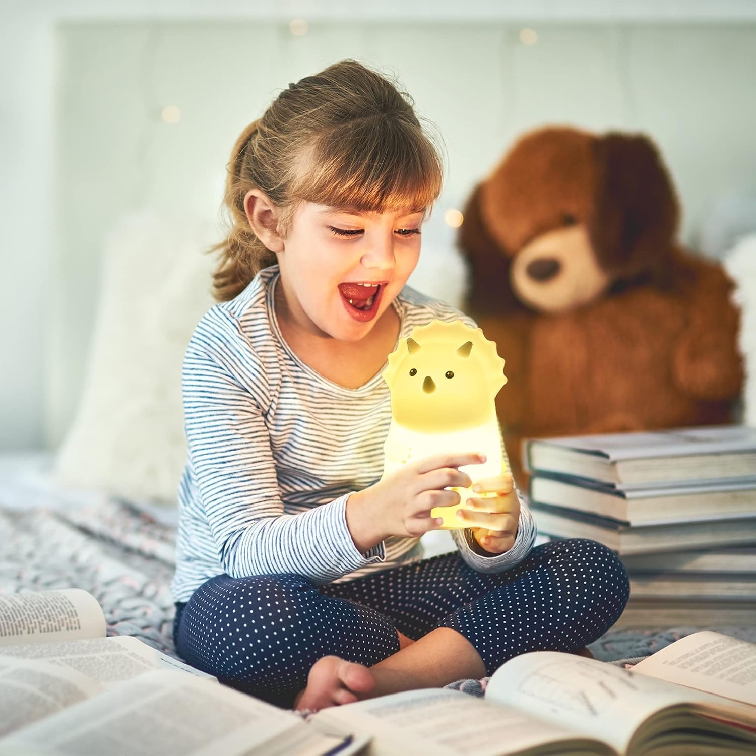 image:imageGlobe Electric 13849 Multicolor Changing LED Integrated Rechargeable Silicone Night Light Lion Tap Button Switch White Modern Lighting for Bedroom Nursery Playroom NightstandTerry Triceratops