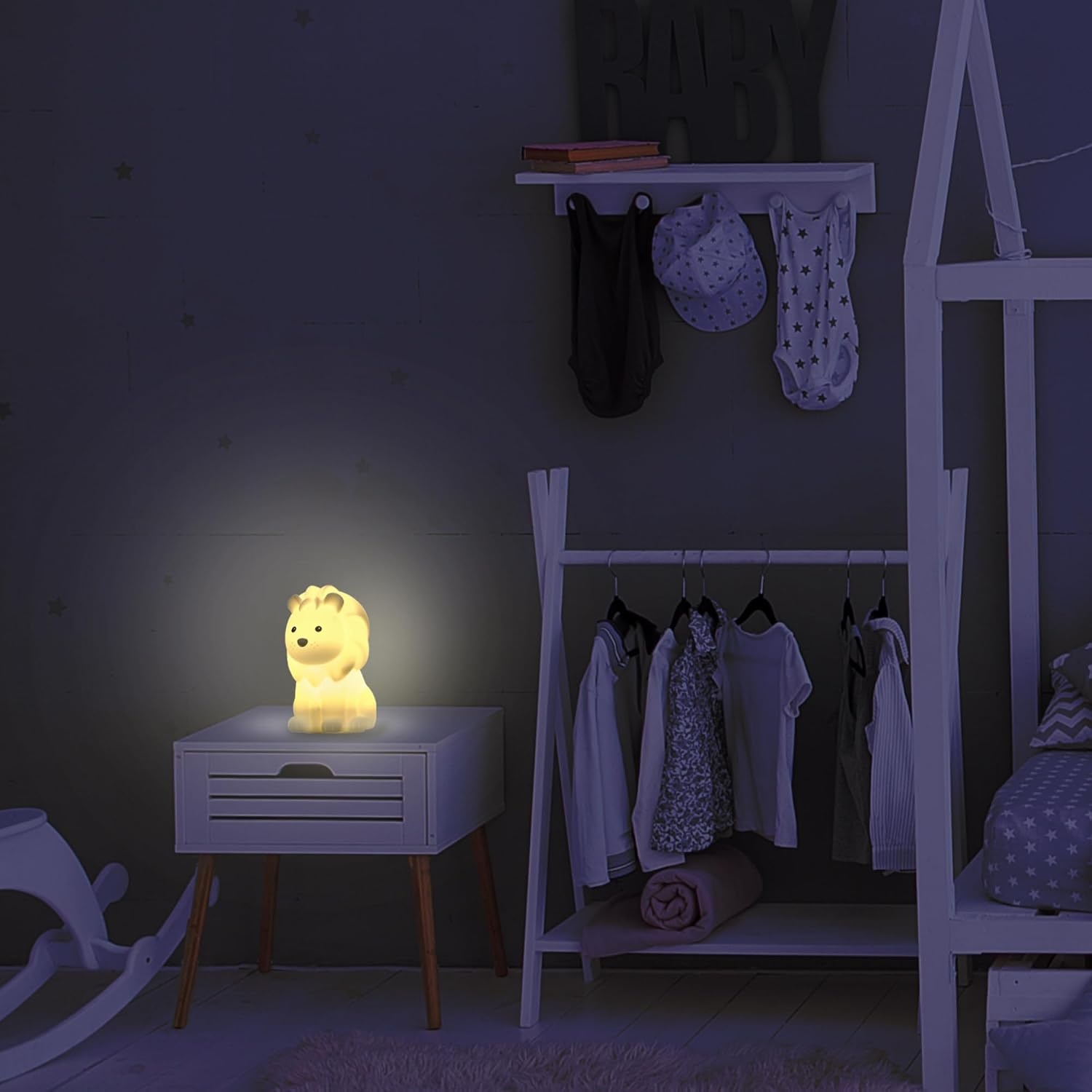 image:imageGlobe Electric 13849 Multicolor Changing LED Integrated Rechargeable Silicone Night Light Lion Tap Button Switch White Modern Lighting for Bedroom Nursery Playroom NightstandLeo Lion