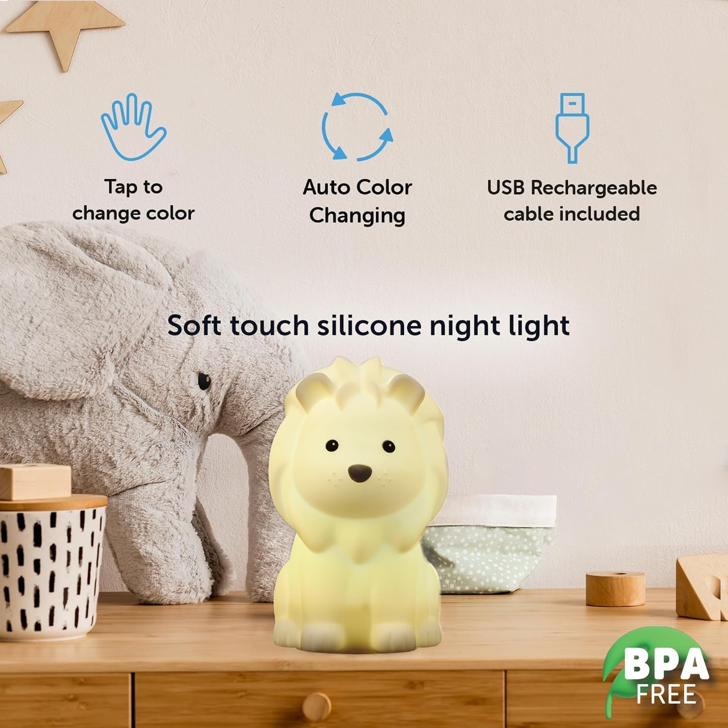 image:imageGlobe Electric 13849 Multicolor Changing LED Integrated Rechargeable Silicone Night Light Lion Tap Button Switch White Modern Lighting for Bedroom Nursery Playroom NightstandLeo Lion