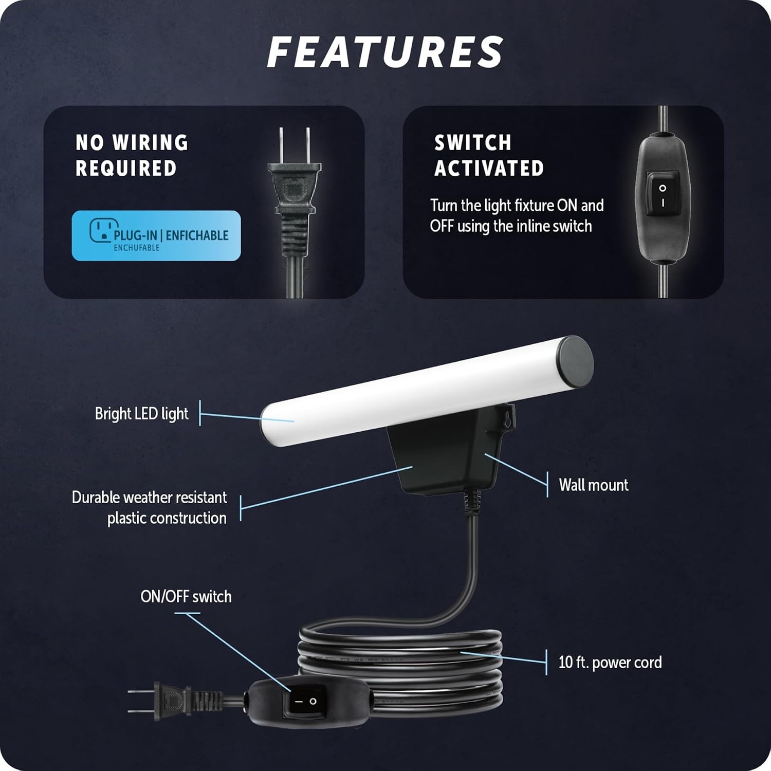 image:imageGlobe Electric 17000185 14W LED Integrated Outdoor Linear Flood Light Black Finish Spotlight Security Light 1200 Lumens inLine Rocker Switch 10Foot Cord Hanging Lamp LED Lights