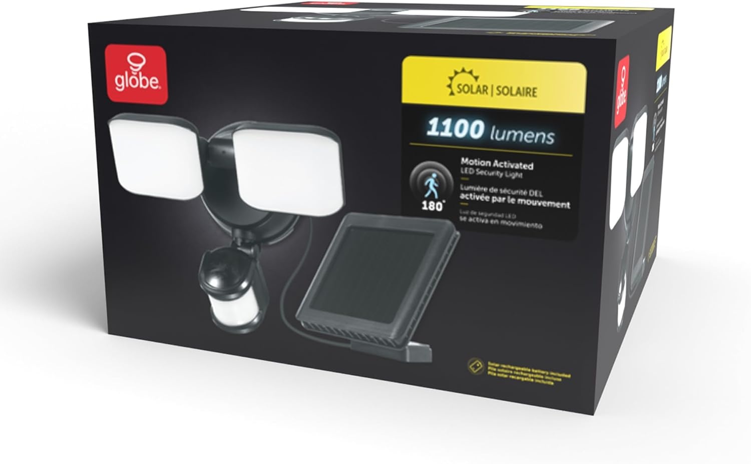 image:imageGlobe Electric 17000211 19W LED Integrated Solar Powered Motion Activated Flood Light 180Degree Motion Detection Black Finish 1100 Lumens Solar Panel with 10ft Cord Outdoor LightsBlack 1100 Lumen