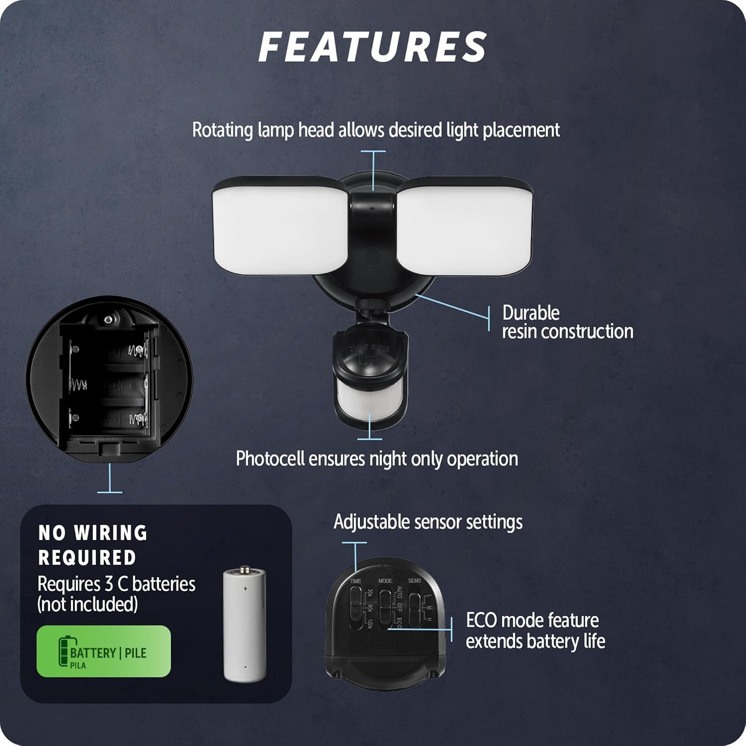 image:imageGlobe Electric 180Degree 15W Triple Head White 2200 Lumens Battery Operated Outdoor Integrated LED Flood Light Security Light Outside House LightsBlack 600 Lumen