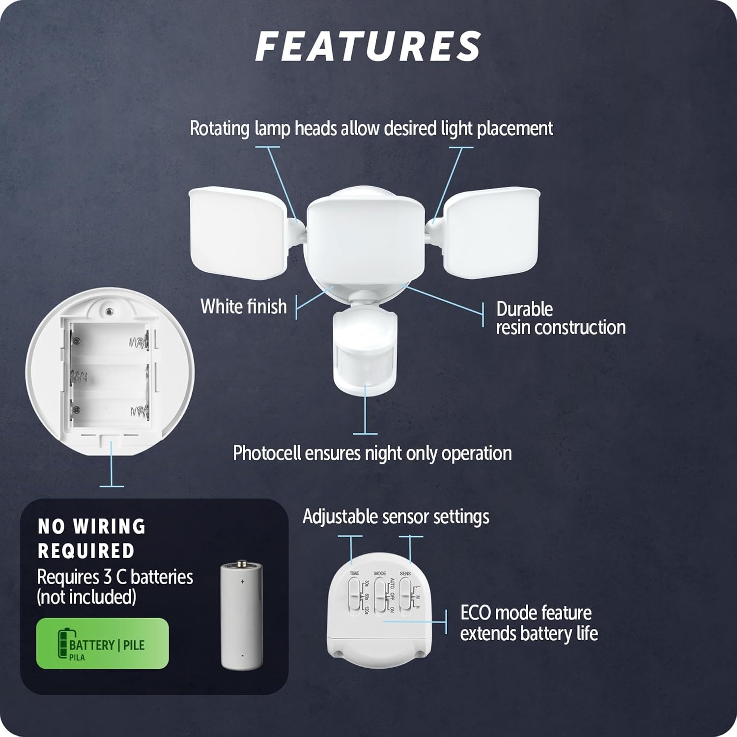 image:imageGlobe Electric 180Degree 15W Triple Head White 2200 Lumens Battery Operated Outdoor Integrated LED Flood Light Security Light Outside House LightsWhite 2200 Lumen