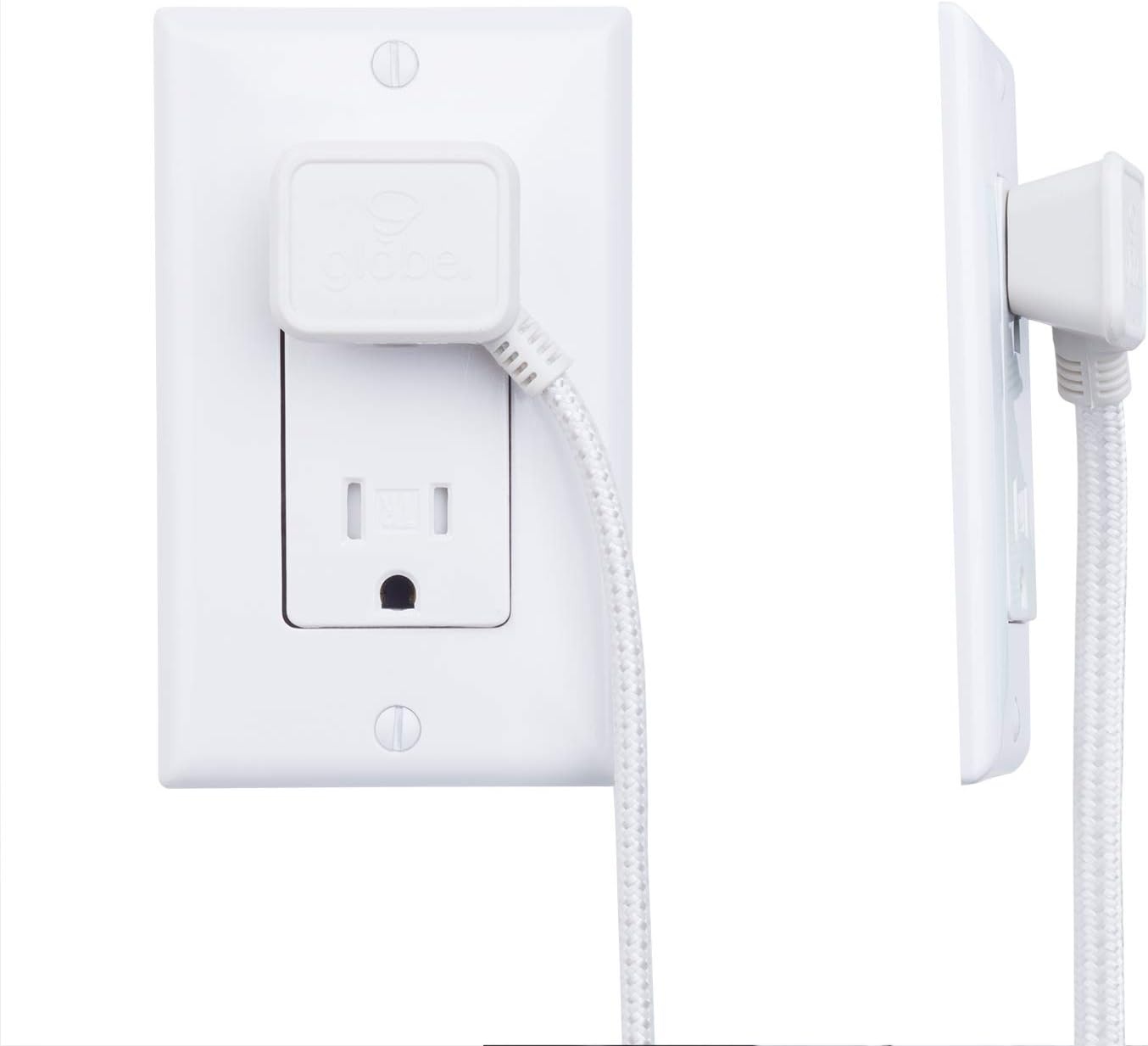 image:imageGlobe Electric 22810 9ft Fabric Extension Cord 3 Polarized Outlets Right Angle Plug 125 Volts Black Home and Office Decor Modern Electronic Accessories Indoor Flexible Power CableWhite Silver