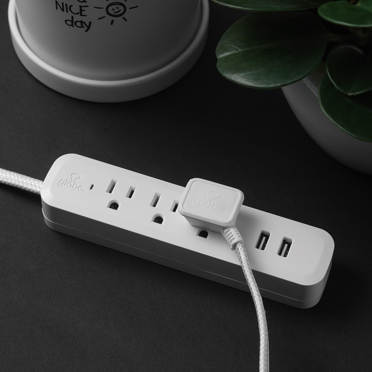 image:imageGlobe Electric 22810 9ft Fabric Extension Cord 3 Polarized Outlets Right Angle Plug 125 Volts Black Home and Office Decor Modern Electronic Accessories Indoor Flexible Power CableWhite Silver