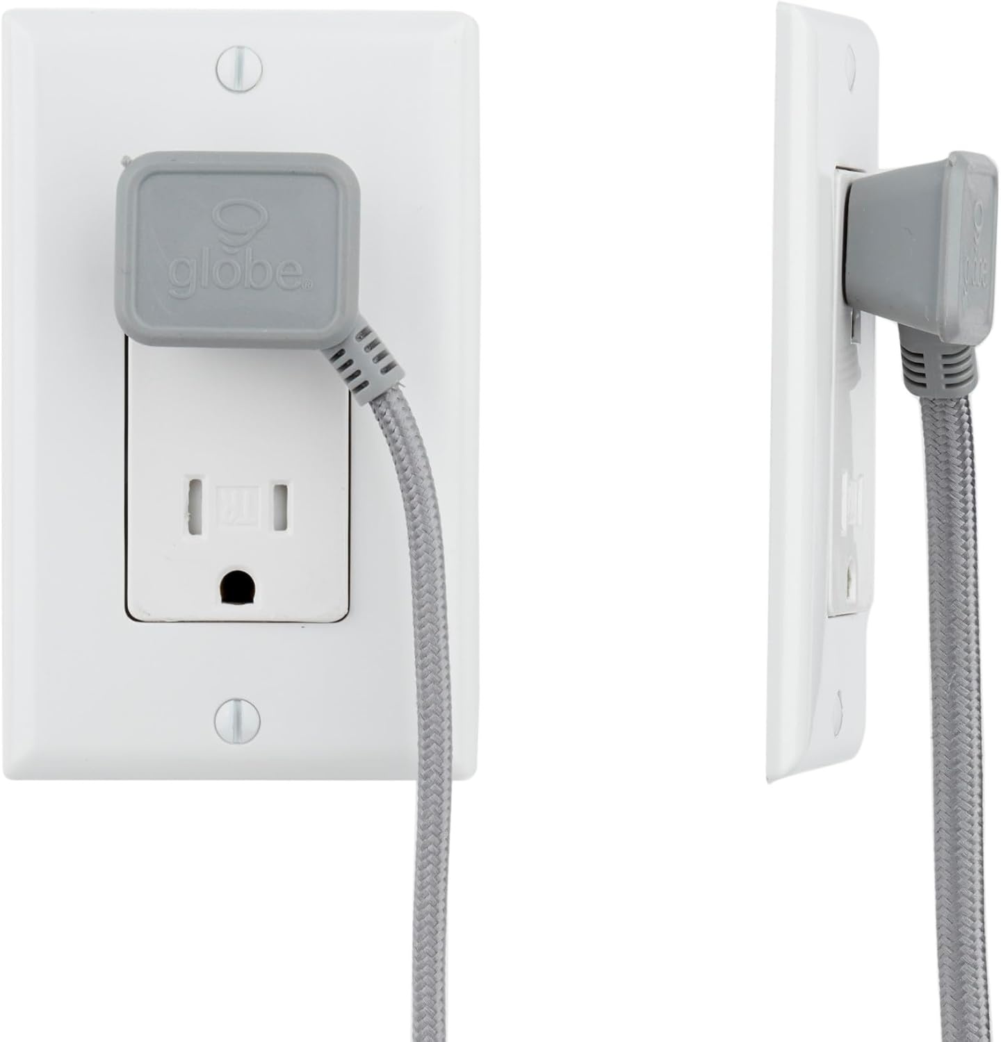 image:imageGlobe Electric 22810 9ft Fabric Extension Cord 3 Polarized Outlets Right Angle Plug 125 Volts Black Home and Office Decor Modern Electronic Accessories Indoor Flexible Power CableMetallic Gray