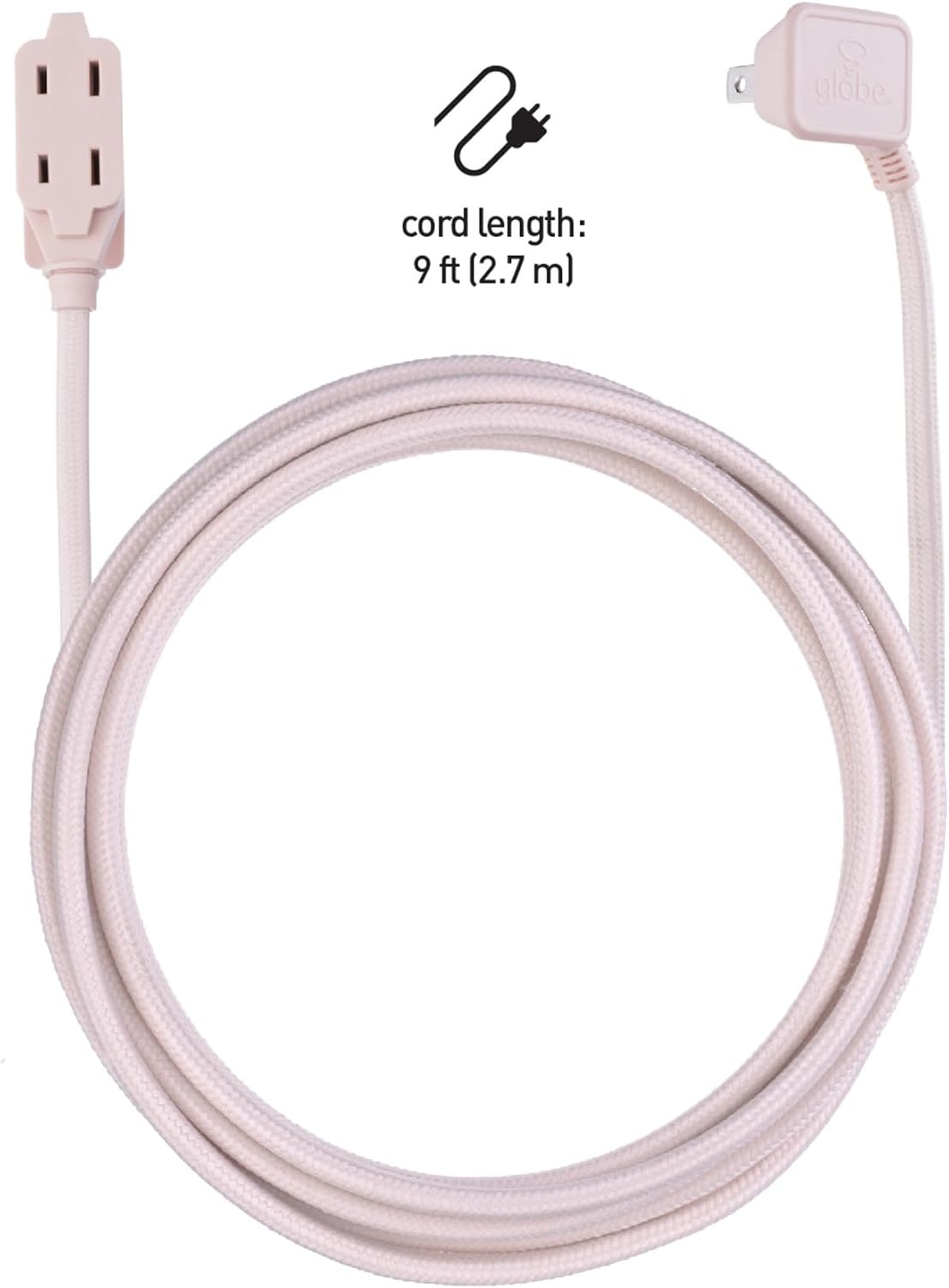 image:imageGlobe Electric 22810 9ft Fabric Extension Cord 3 Polarized Outlets Right Angle Plug 125 Volts Black Home and Office Decor Modern Electronic Accessories Indoor Flexible Power CablePale Pink