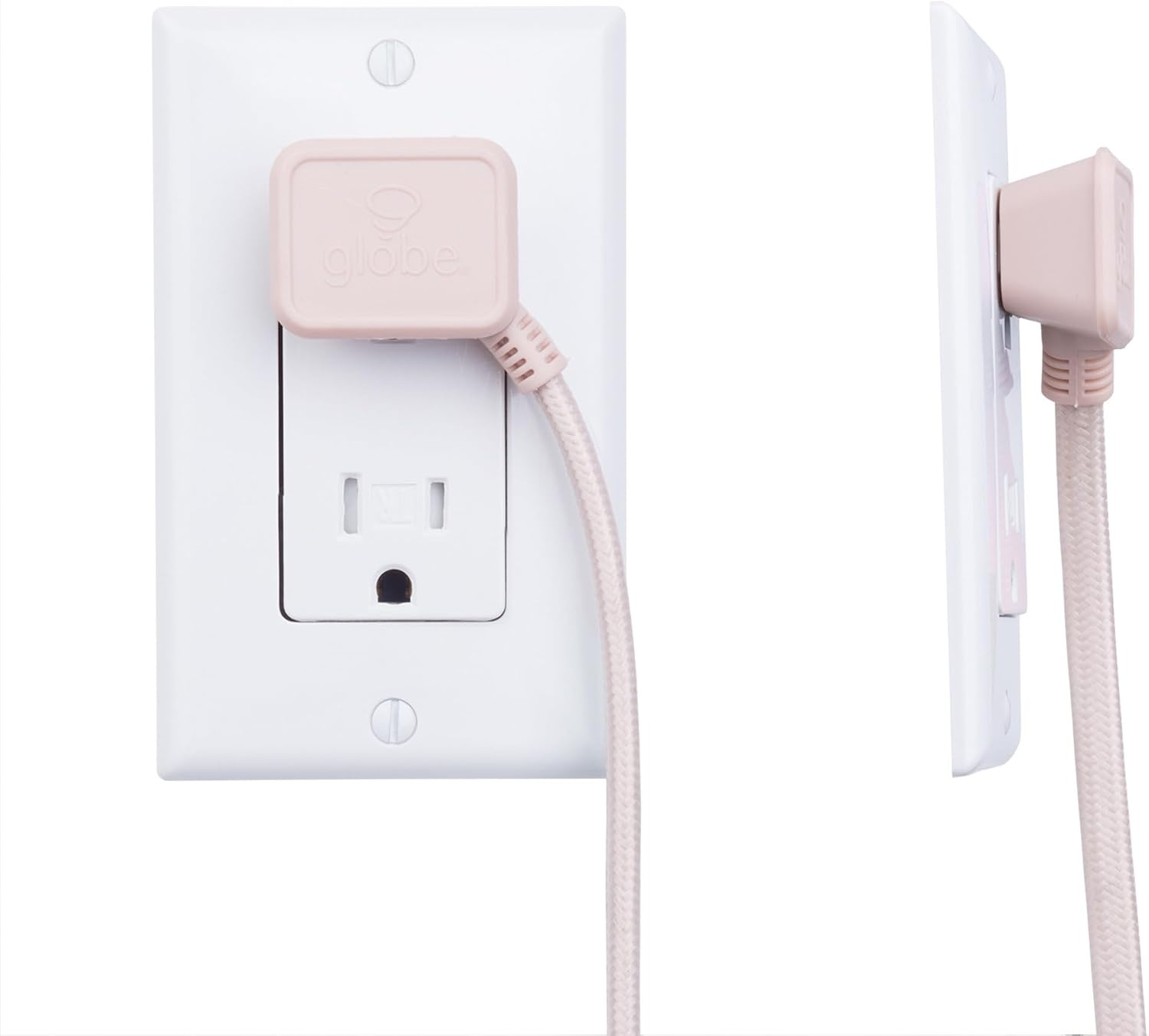image:imageGlobe Electric 22810 9ft Fabric Extension Cord 3 Polarized Outlets Right Angle Plug 125 Volts Black Home and Office Decor Modern Electronic Accessories Indoor Flexible Power CablePale Pink