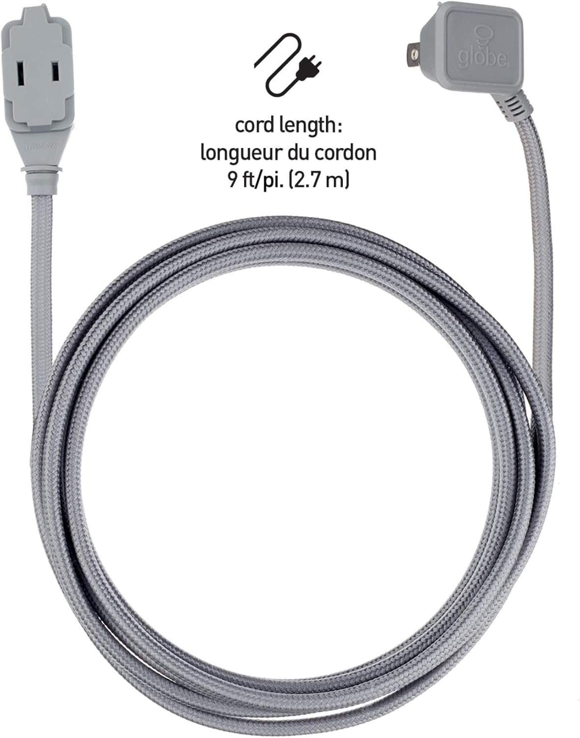 image:imageGlobe Electric 22810 9ft Fabric Extension Cord 3 Polarized Outlets Right Angle Plug 125 Volts Black Home and Office Decor Modern Electronic Accessories Indoor Flexible Power CableMetallic Gray
