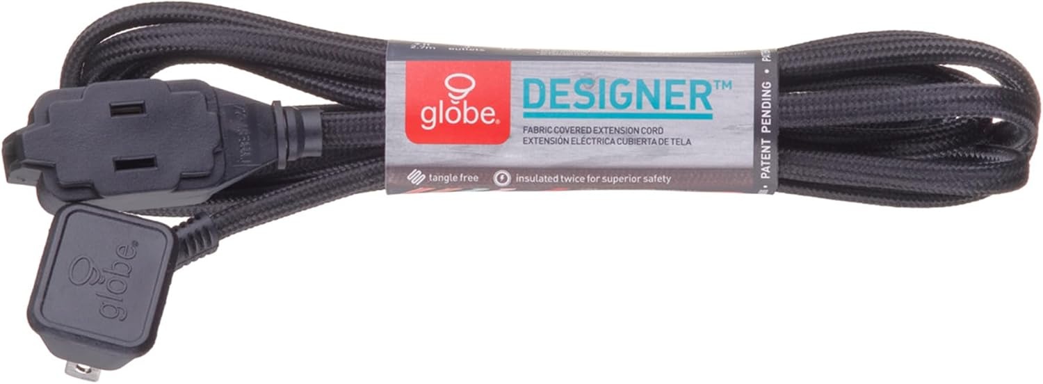 image:imageGlobe Electric 22810 9ft Fabric Extension Cord 3 Polarized Outlets Right Angle Plug 125 Volts Black Home and Office Decor Modern Electronic Accessories Indoor Flexible Power CableBlack