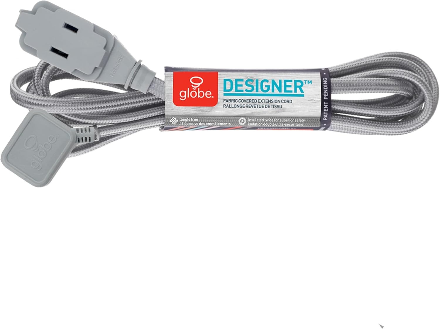 image:imageGlobe Electric 22810 9ft Fabric Extension Cord 3 Polarized Outlets Right Angle Plug 125 Volts Black Home and Office Decor Modern Electronic Accessories Indoor Flexible Power CableMetallic Gray