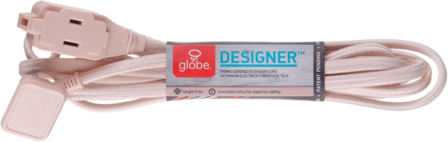 image:imageGlobe Electric 22810 9ft Fabric Extension Cord 3 Polarized Outlets Right Angle Plug 125 Volts Black Home and Office Decor Modern Electronic Accessories Indoor Flexible Power CablePale Pink