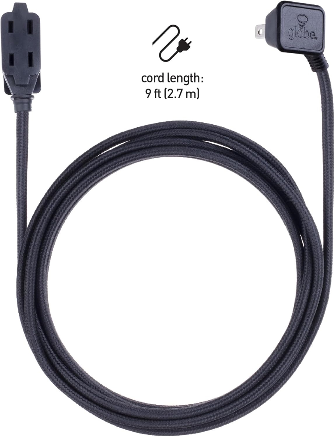 image:imageGlobe Electric 22810 9ft Fabric Extension Cord 3 Polarized Outlets Right Angle Plug 125 Volts Black Home and Office Decor Modern Electronic Accessories Indoor Flexible Power CableBlack