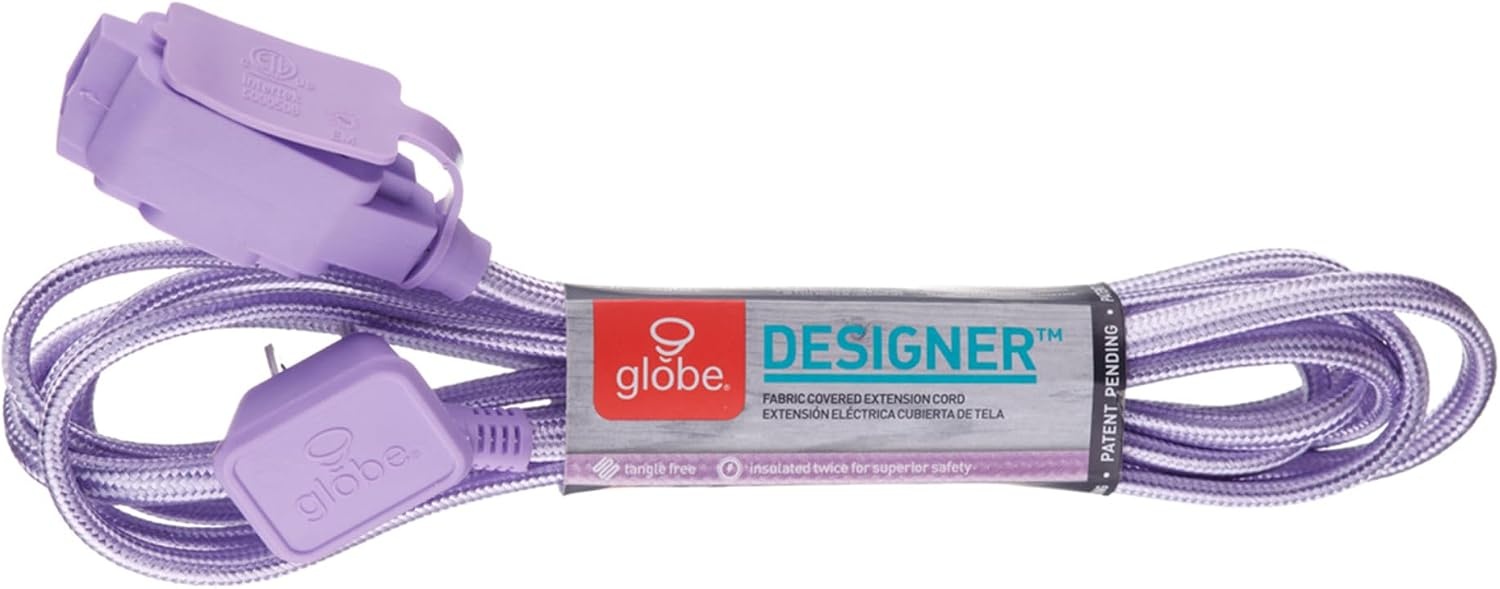 image:imageGlobe Electric 22892 Designer Series 9ft Fabric Extension Cord 3 Polarized Outlets Right Angle Plug 125 Volts Metallic Purple