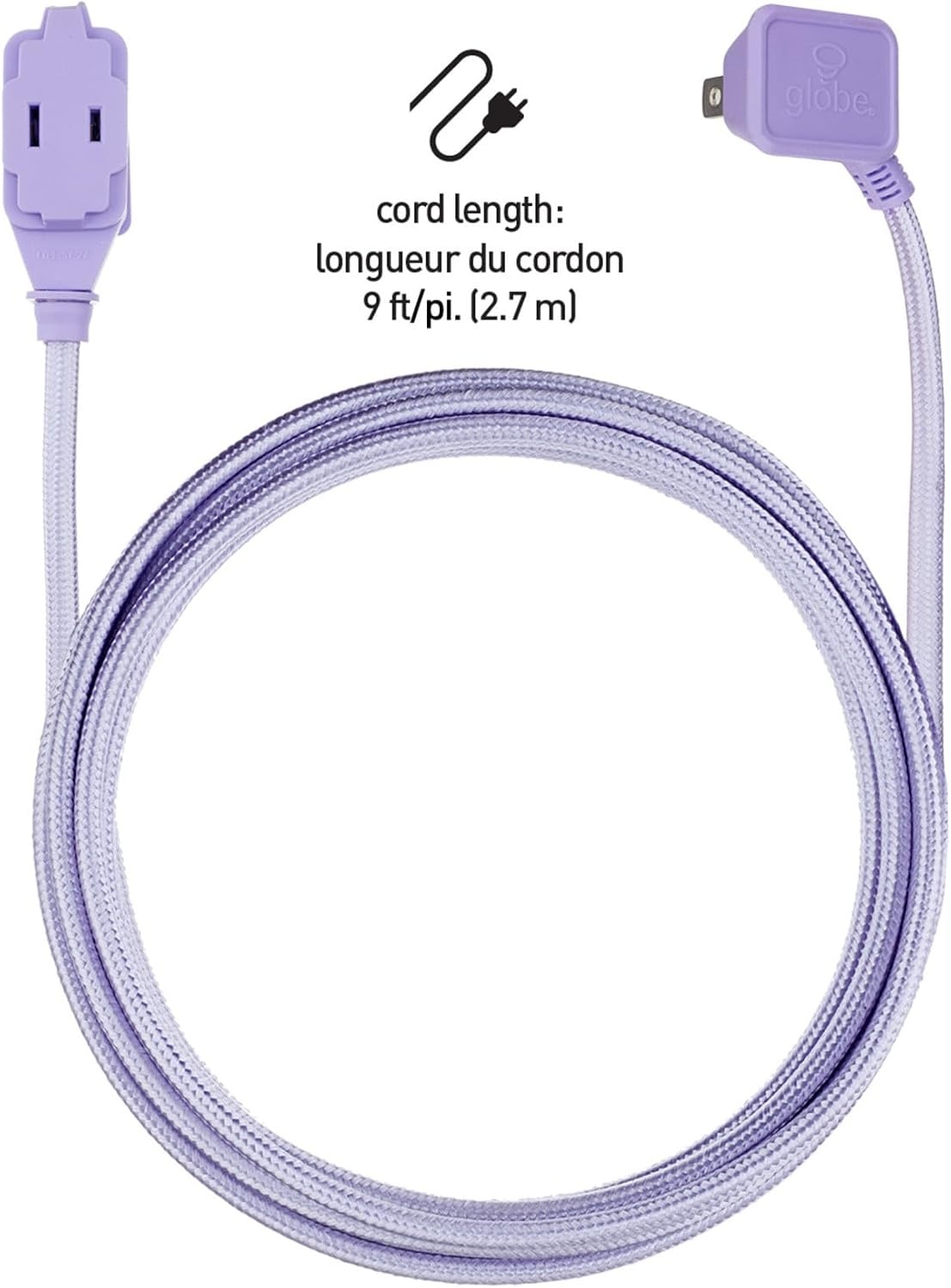 image:imageGlobe Electric 22892 Designer Series 9ft Fabric Extension Cord 3 Polarized Outlets Right Angle Plug 125 Volts Metallic Purple