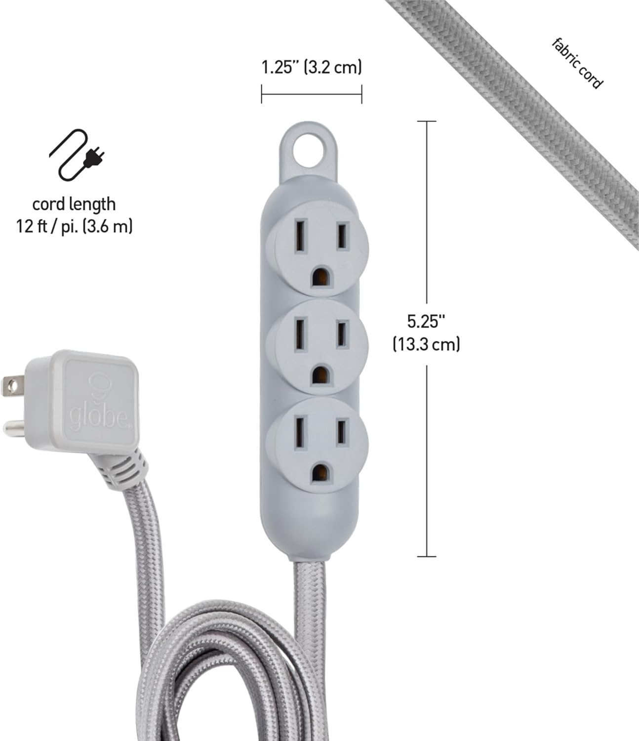 image:imageGlobe Electric 22971 Designer Series 12ft Fabric Extension Cord 3 Grounded Outlets Right Angle Plug 125Volts Integrated Hanging Hook Metallic Gray FinishMetallic Gray