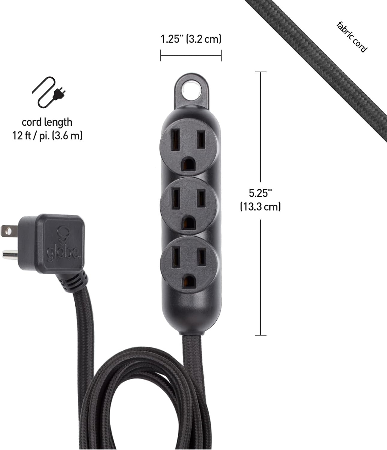 image:imageGlobe Electric 22971 Designer Series 12ft Fabric Extension Cord 3 Grounded Outlets Right Angle Plug 125Volts Integrated Hanging Hook Metallic Gray FinishBlack