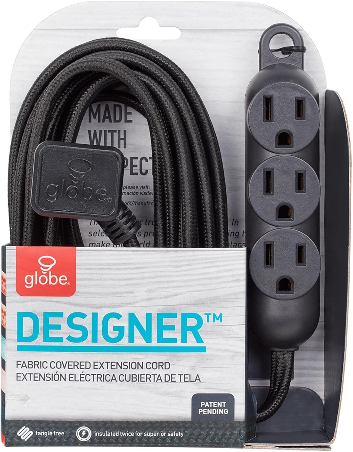 image:imageGlobe Electric 22971 Designer Series 12ft Fabric Extension Cord 3 Grounded Outlets Right Angle Plug 125Volts Integrated Hanging Hook Metallic Gray FinishBlack