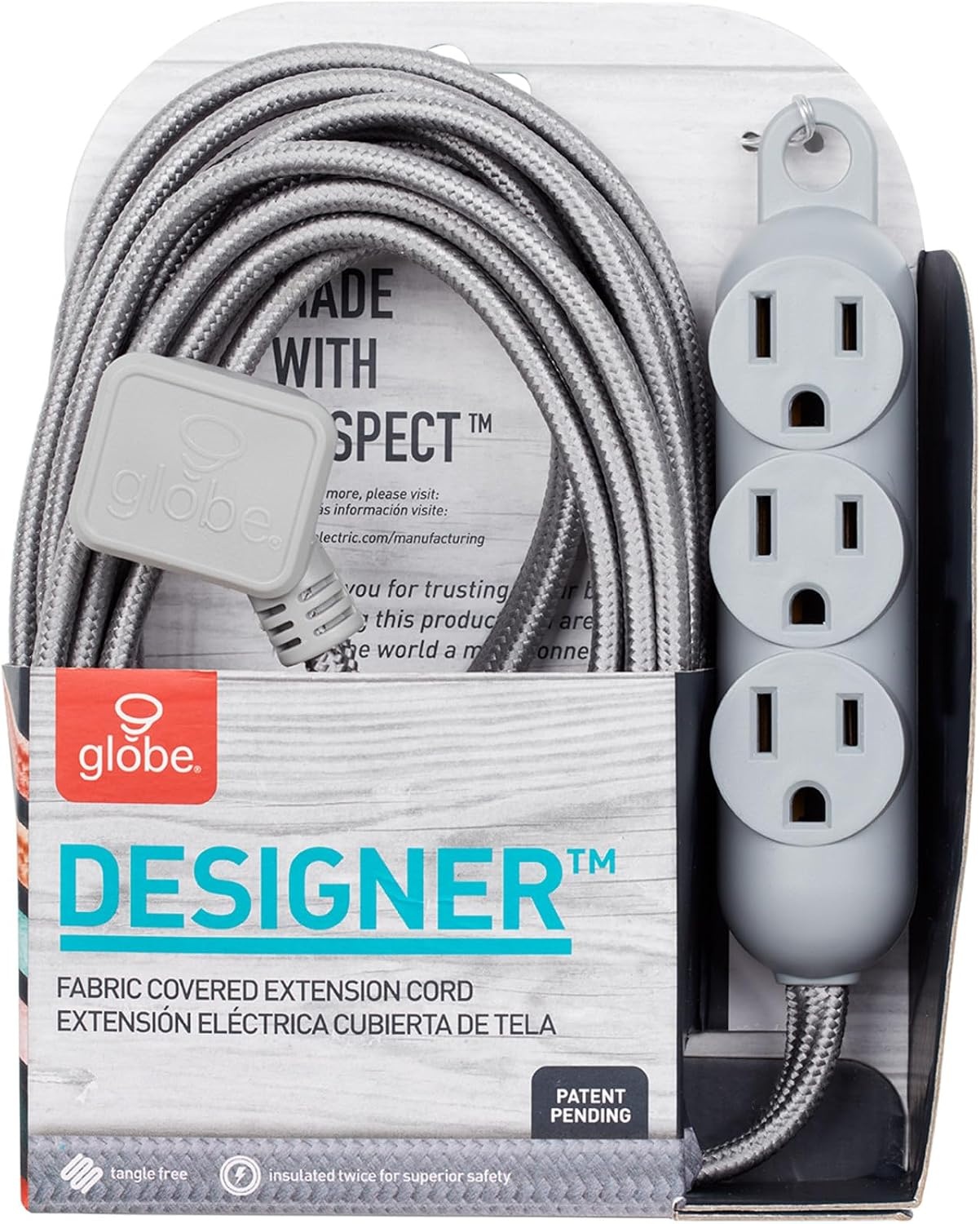 image:imageGlobe Electric 22971 Designer Series 12ft Fabric Extension Cord 3 Grounded Outlets Right Angle Plug 125Volts Integrated Hanging Hook Metallic Gray FinishMetallic Gray