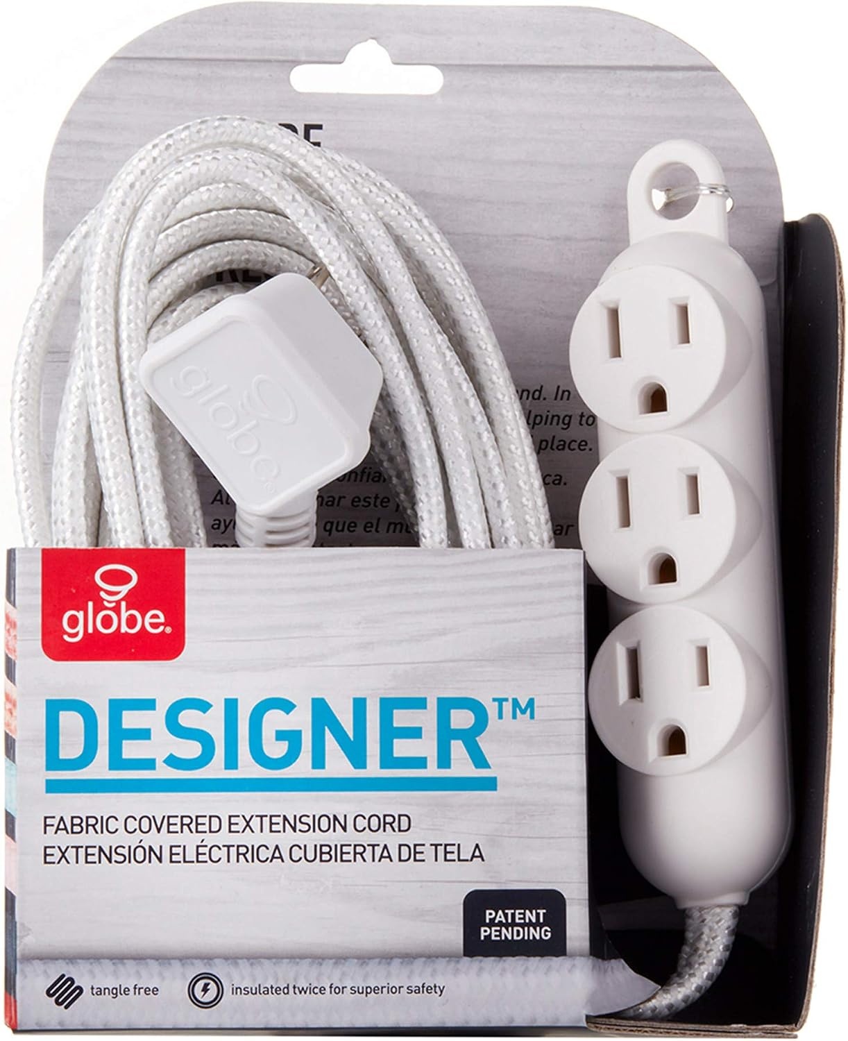 image:imageGlobe Electric 22986 12ft Fabric Extension Cord 3 Grounded Outlets Right Angle Plug Integrated Hanging Hook White Home Decor Modern Electronic Accessories Indoor Power CablePack of 1