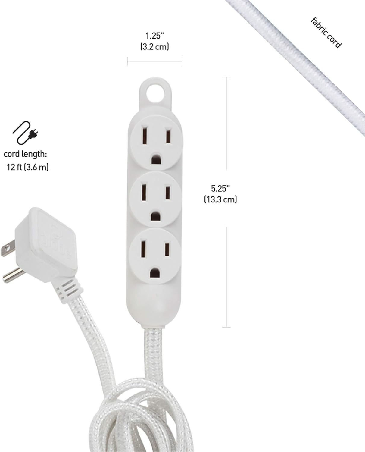 image:imageGlobe Electric 22986 12ft Fabric Extension Cord 3 Grounded Outlets Right Angle Plug Integrated Hanging Hook White Home Decor Modern Electronic Accessories Indoor Power CablePack of 1