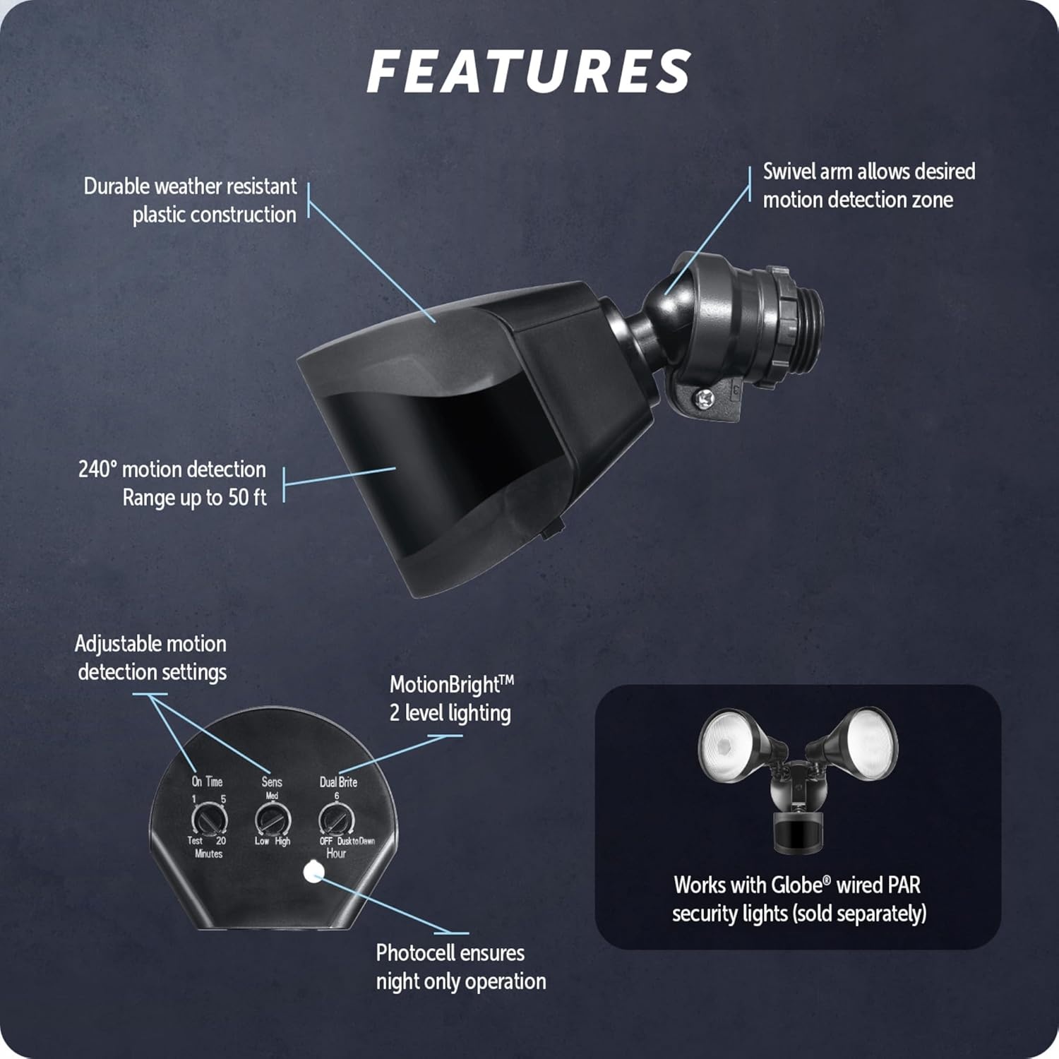 image:imageGlobe Electric 240 Motion Sensor Replacement MotionBright 2Level Lighting Adjustable SENS Dial Manual Mode Black Finish Outdoor Security Light 17000184Black