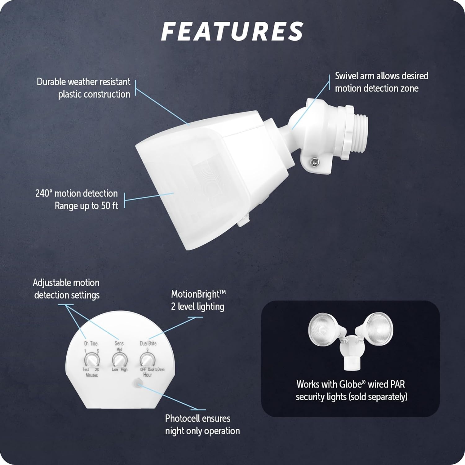 image:imageGlobe Electric 240 Motion Sensor Replacement MotionBright 2Level Lighting Adjustable SENS Dial Manual Mode Black Finish Outdoor Security Light 17000184White