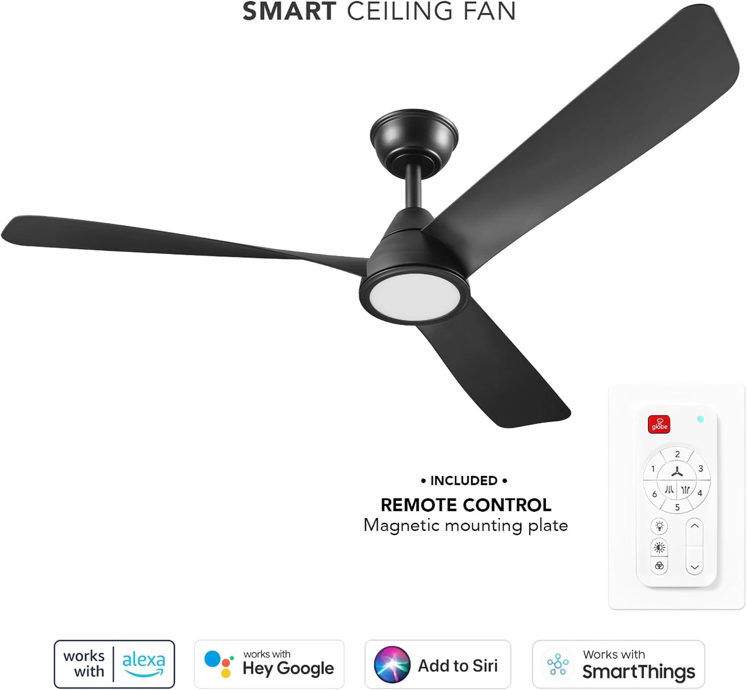 image:imageGlobe Electric 37000023 52 2Light Ceiling Fan with Glass Shade Remote Control WhisperQuiet DC Motor 6 Speeds Matte Black IndoorOutdoorBlack Aeron