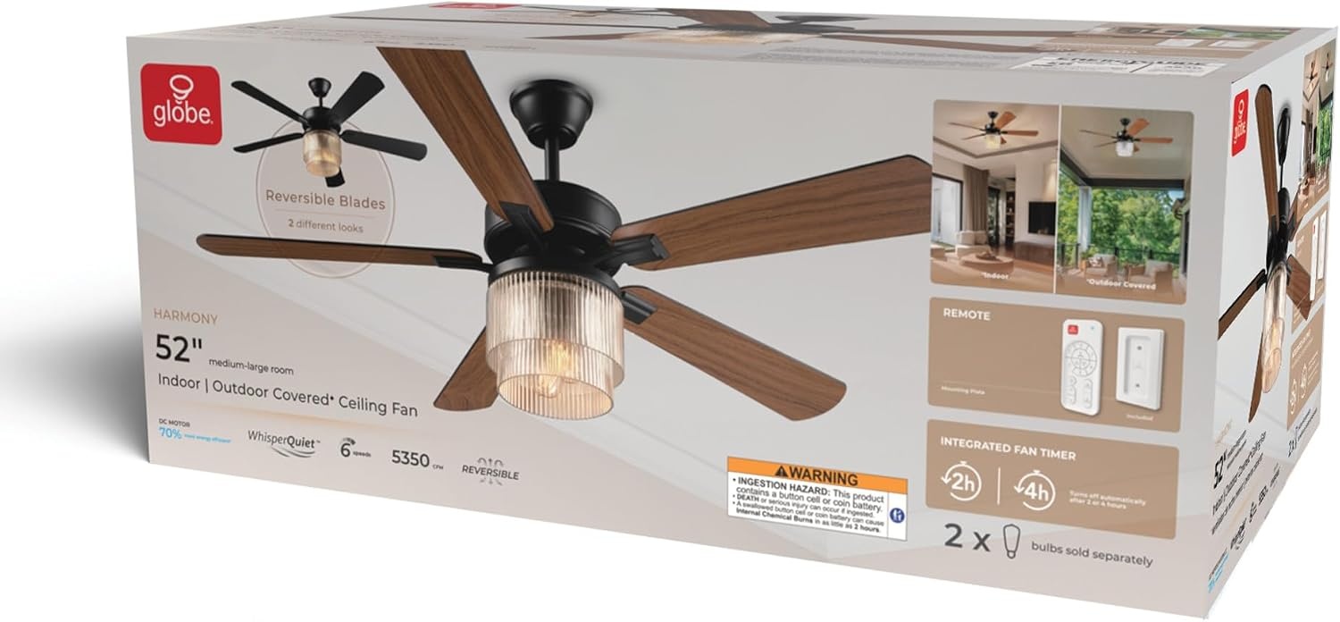 image:imageGlobe Electric 37000023 52 2Light Ceiling Fan with Glass Shade Remote Control WhisperQuiet DC Motor 6 Speeds Matte Black IndoorOutdoorBlack Harmony