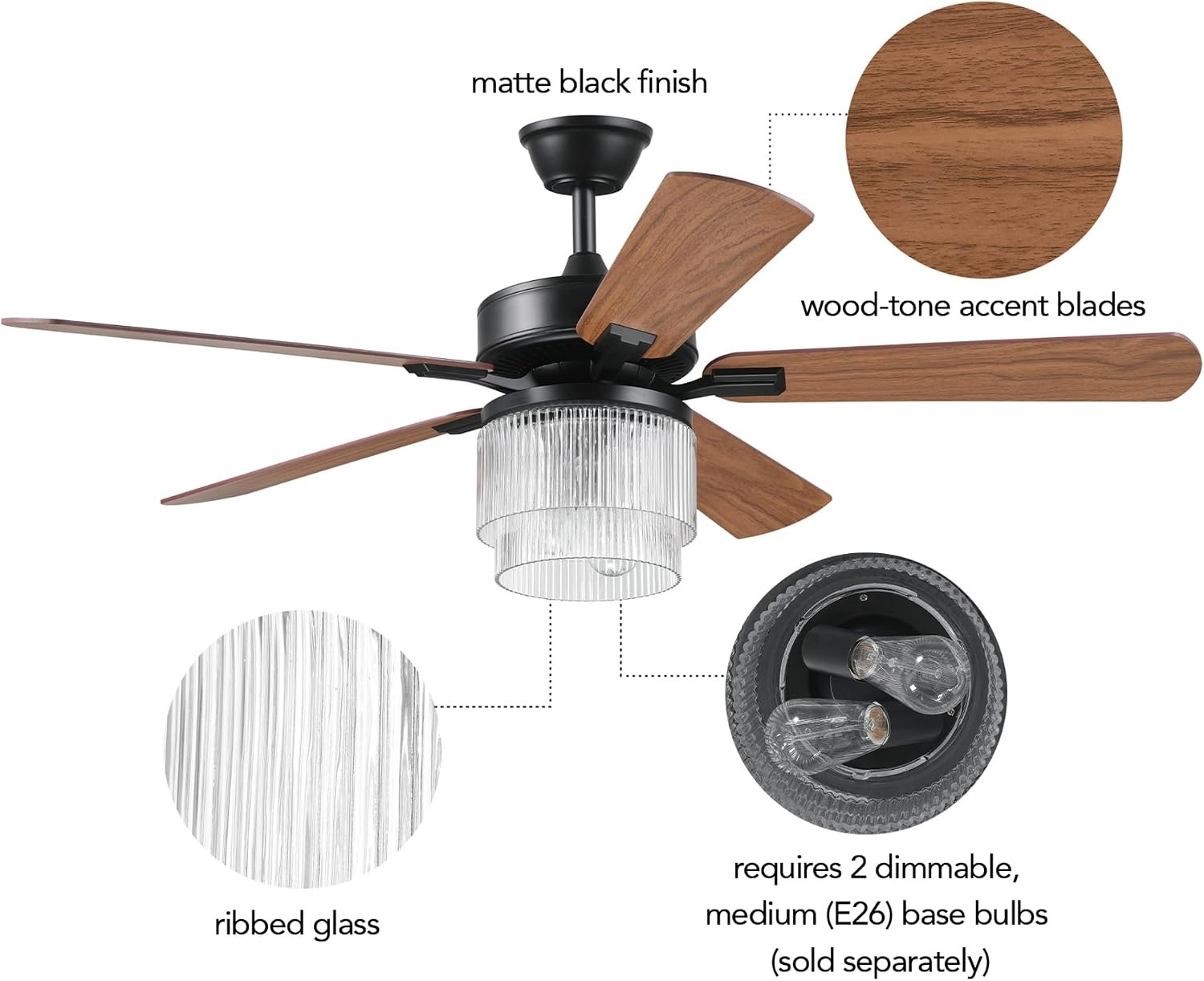 image:imageGlobe Electric 37000023 52 2Light Ceiling Fan with Glass Shade Remote Control WhisperQuiet DC Motor 6 Speeds Matte Black IndoorOutdoorBlack Harmony