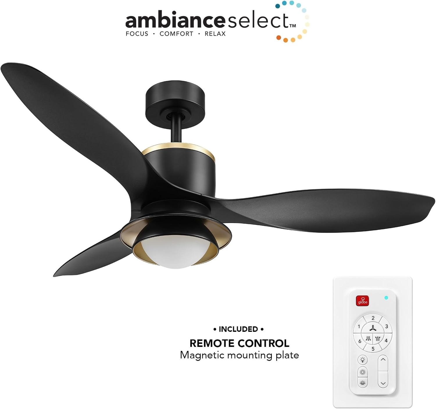 image:imageGlobe Electric 37000023 52 2Light Ceiling Fan with Glass Shade Remote Control WhisperQuiet DC Motor 6 Speeds Matte Black IndoorOutdoorBlack Oswald