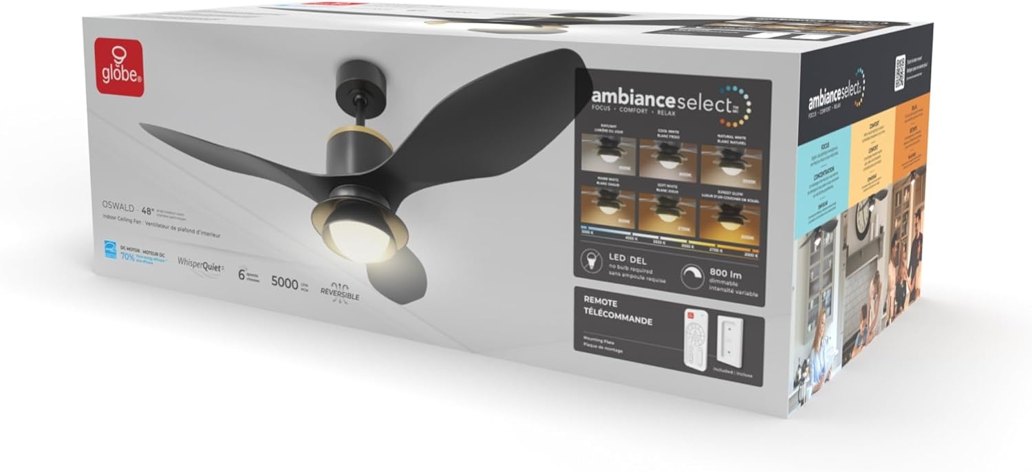 image:imageGlobe Electric 37000023 52 2Light Ceiling Fan with Glass Shade Remote Control WhisperQuiet DC Motor 6 Speeds Matte Black IndoorOutdoorBlack Oswald