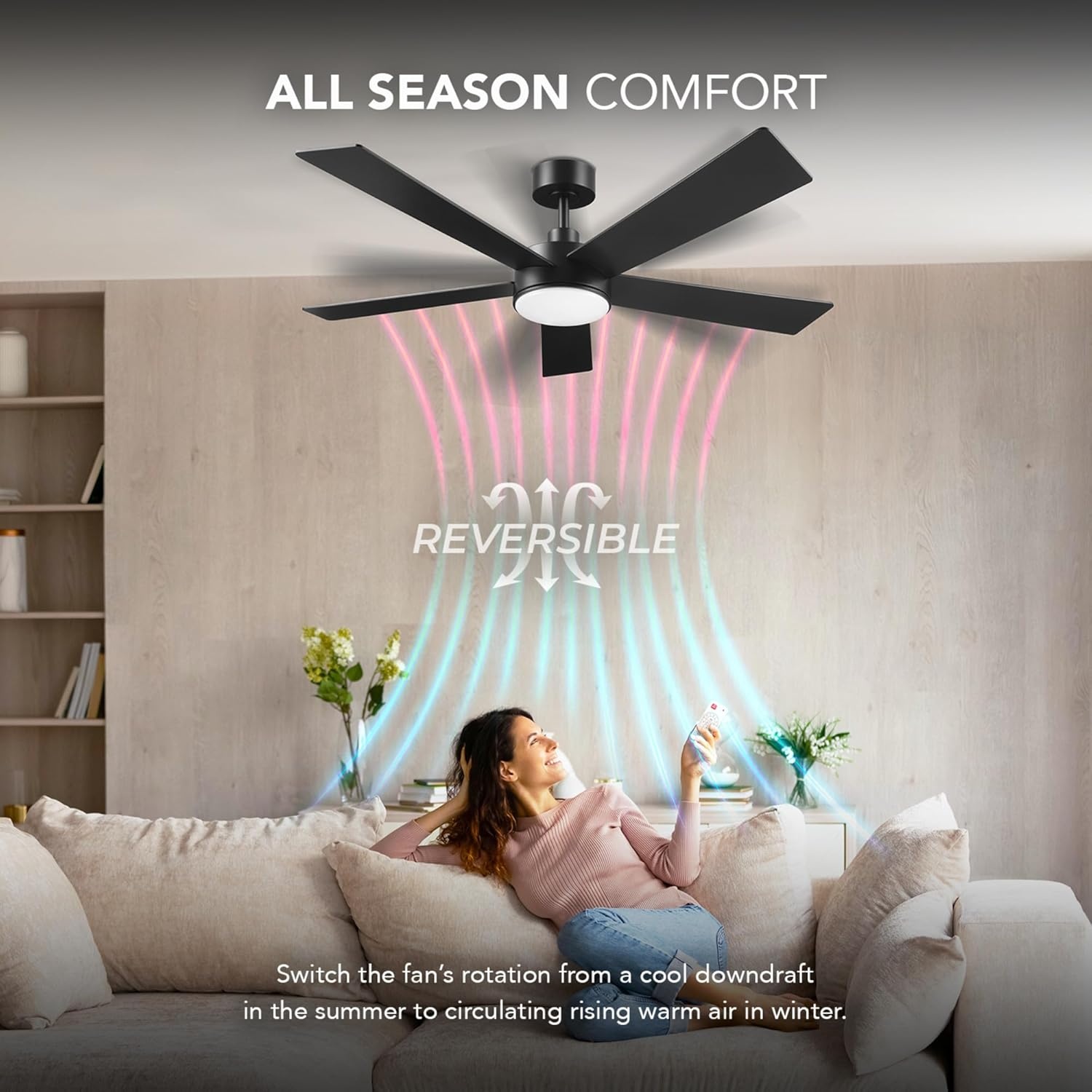 image:imageGlobe Electric 37000023 52 2Light Ceiling Fan with Glass Shade Remote Control WhisperQuiet DC Motor 6 Speeds Matte Black IndoorOutdoorBlack Veloria