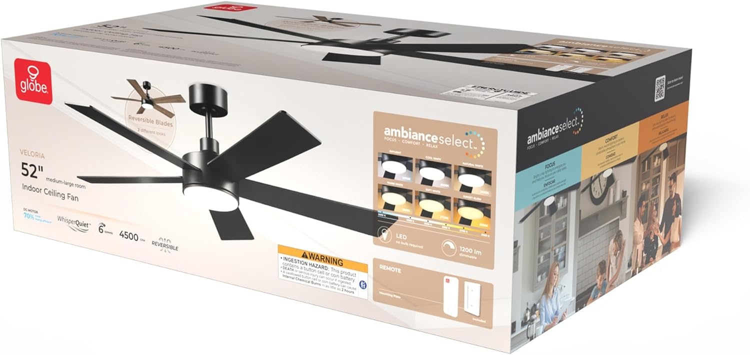 image:imageGlobe Electric 37000023 52 2Light Ceiling Fan with Glass Shade Remote Control WhisperQuiet DC Motor 6 Speeds Matte Black IndoorOutdoorBlack Veloria