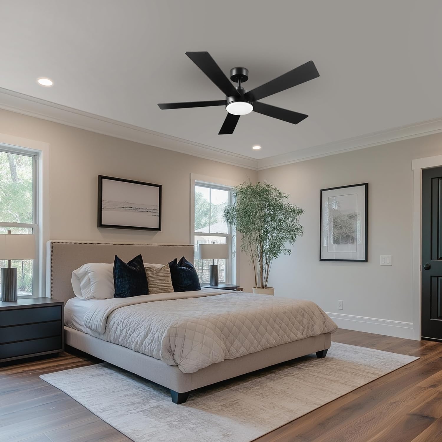 image:imageGlobe Electric 37000023 52 2Light Ceiling Fan with Glass Shade Remote Control WhisperQuiet DC Motor 6 Speeds Matte Black IndoorOutdoorBlack Veloria