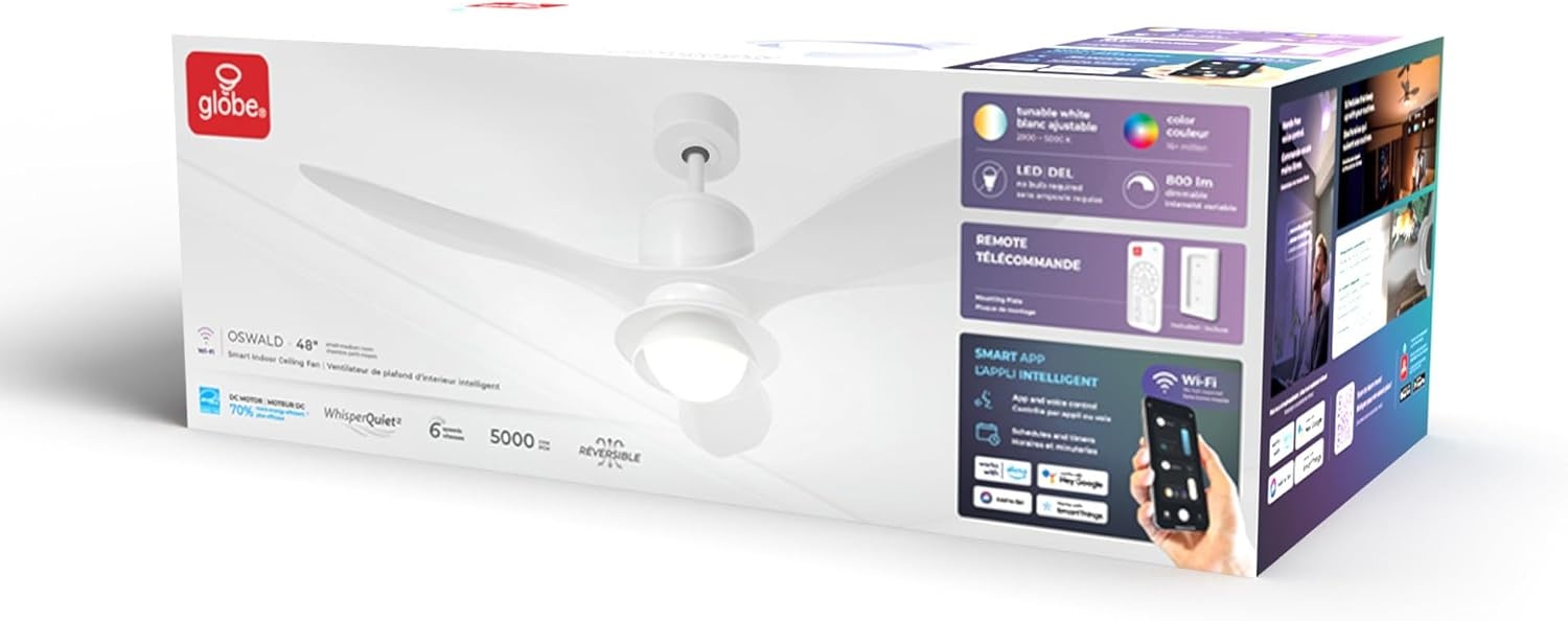 image:imageGlobe Electric 37000023 52 2Light Ceiling Fan with Glass Shade Remote Control WhisperQuiet DC Motor 6 Speeds Matte Black IndoorOutdoorWhite Oswald
