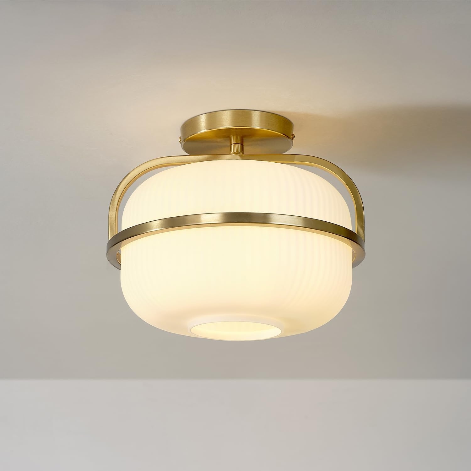 image:imageGlobe Electric 3Light Flush Mount Ceiling Light Brass Frosted Ribbed Glass Shade Updated Traditional Style for Home LightingBrass Frosted Ribbed Glass Shade